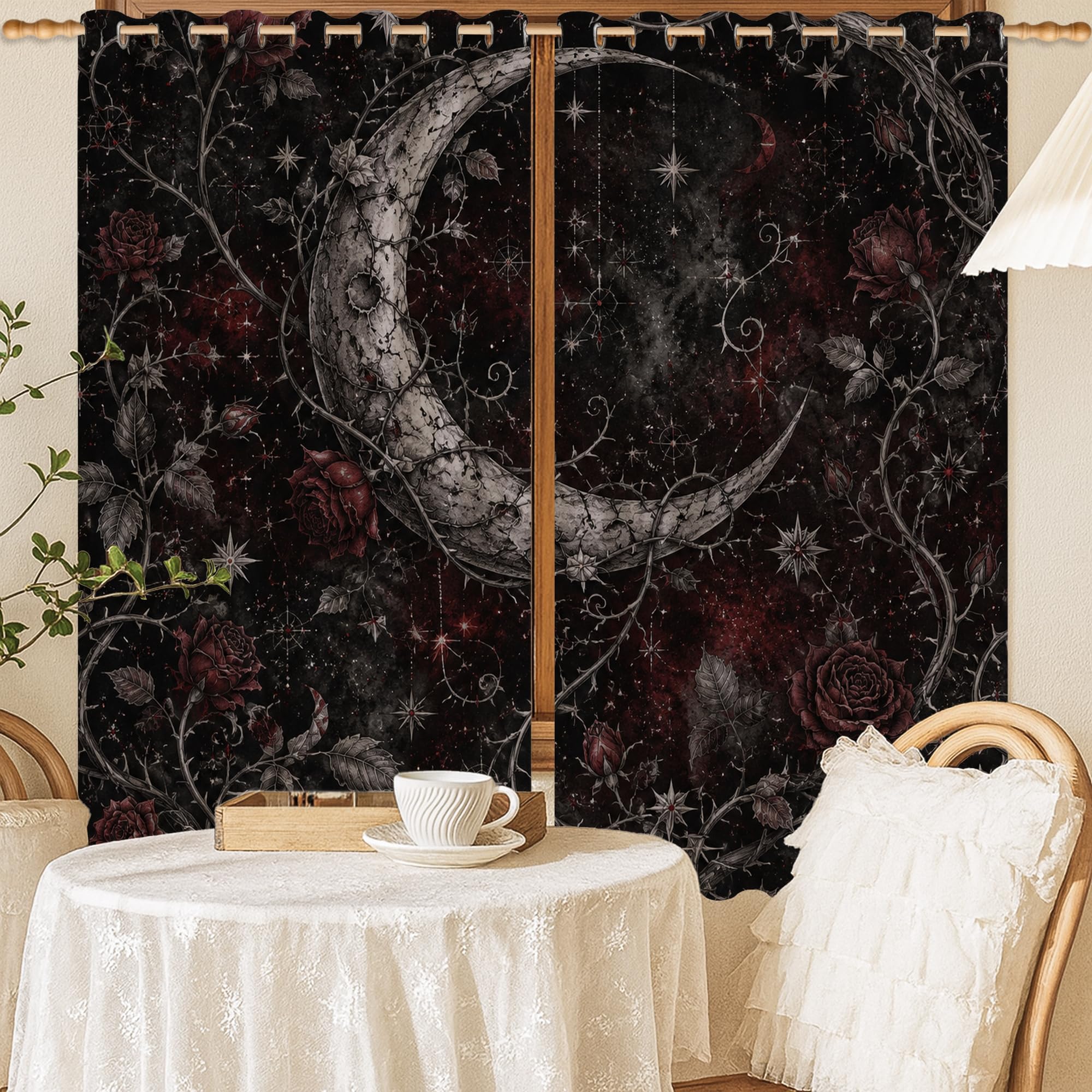 Rideaux occultants noirs lune étoiles roses 132x137 cm lavables pour chambre bébé
