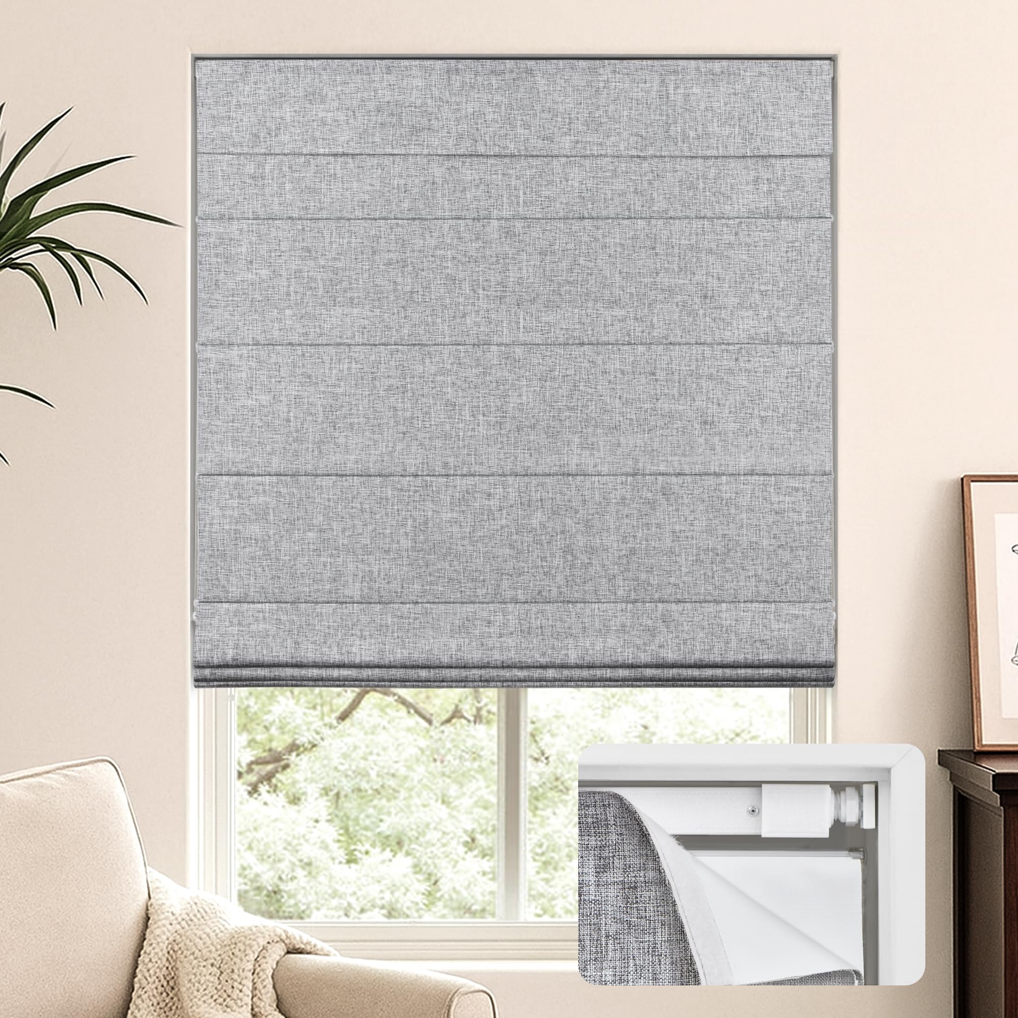 LazBlinds No Tools No Drill Cordless Roman Shades for Windows, Blackout Thermal Insulated UV Blocking Window Blinds, Lightweight Fabric Blinds for Indoor Windows, 34.5" W x 60" H, Blackout - Grey