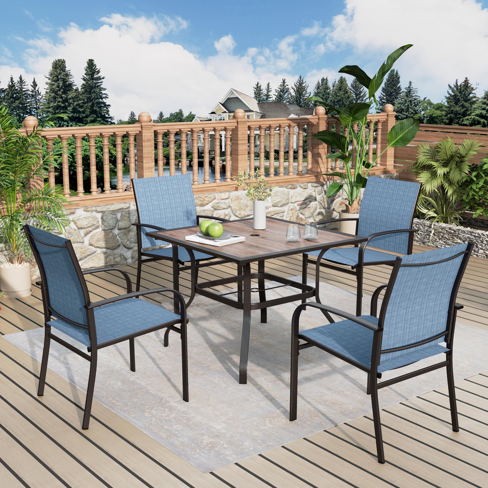 Patio Dining Set 5 Piece Outdoor Furniture Set with 4 Blue Textilene Chairs and 37" Wood-Like Table Top for Deck Backyard Lawn Poolside