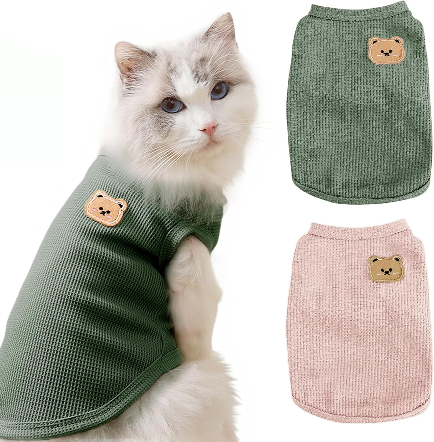 Waffle Knit Cat & Dog T Shirt for Small Dogs, Stretchable Puppy Shirt for Sphynx Cats & Small Breeds, Pet Clothes | Breathable Summer/Winter Apparel for Newborn(2PCS Medium)