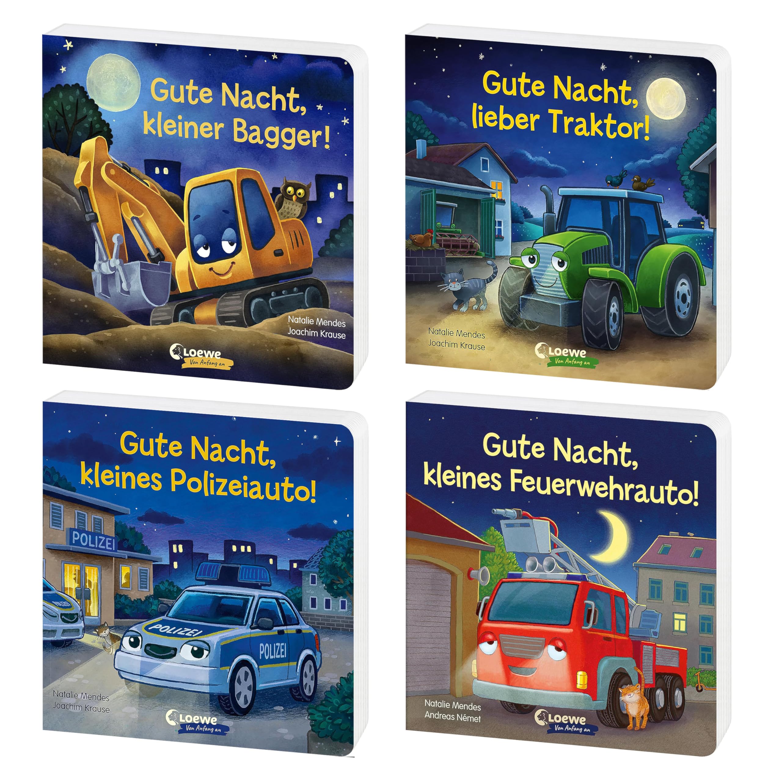 Gute Nacht, kleiner Bagger! Gute Nacht, lieber Traktor! Gute Nacht, kleines Polizeiauto! Gute Nacht, kleines Feuerwehrauto! – Kinder Bücherset ab 2 Jahre von Natalie Mendes mit exkl. Lesezeichen