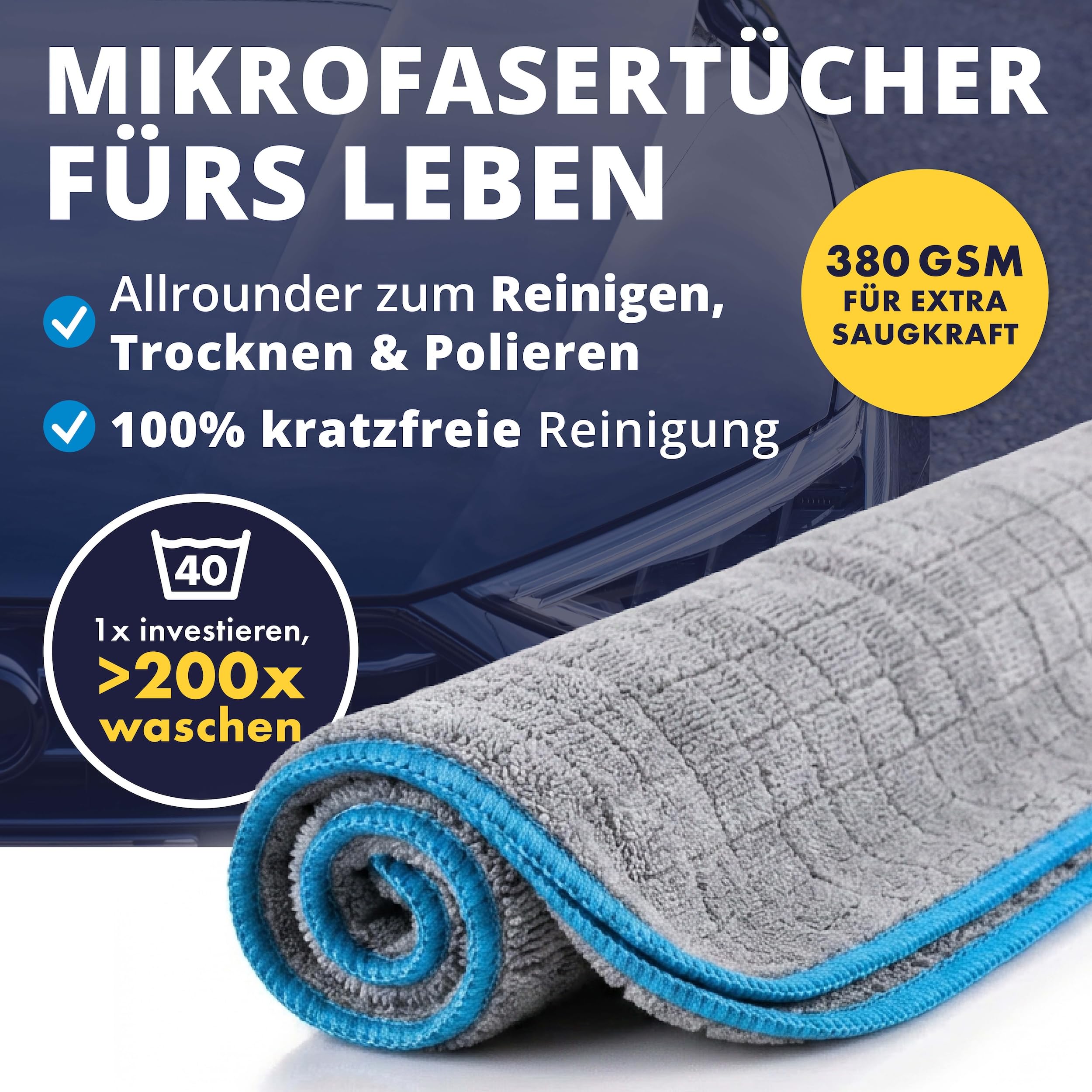 LICARGO Juego de paños de microfibra para coche, 380 g/m², 24 unidades, 40 x 40 cm, paños de limpieza para limpieza de coches, paños de microfibra, sin pelusas, para coche, motocicleta y hogar, paño