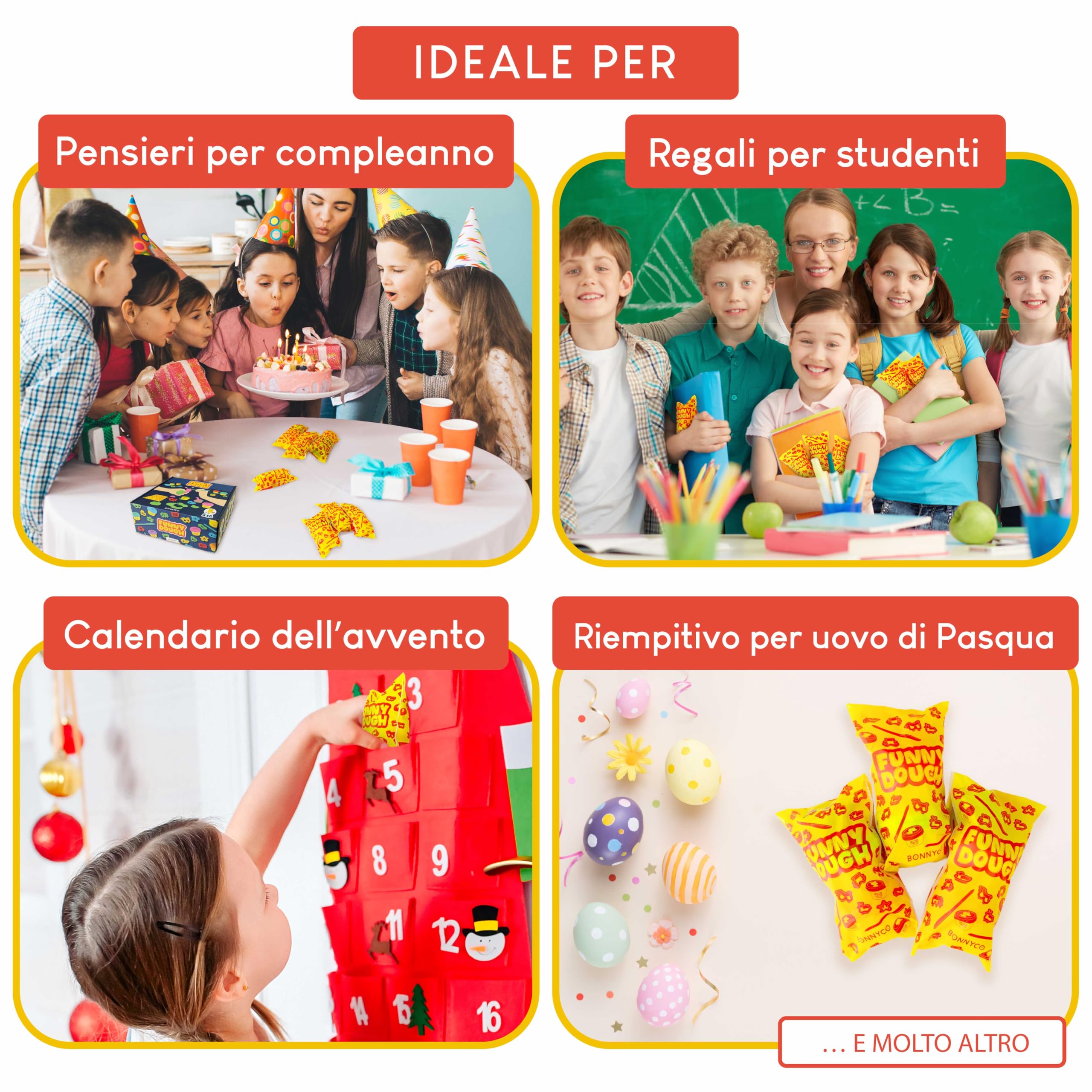 BONNYCO Set Plastilina per Bambini con Stampini e Sacchettini Regalo, Pack 16 Regalini Fine Festa Compleanno 3-9 Anni. Gadget Compleanno Bambini, Giochi Creativi da Pasta Modellabile