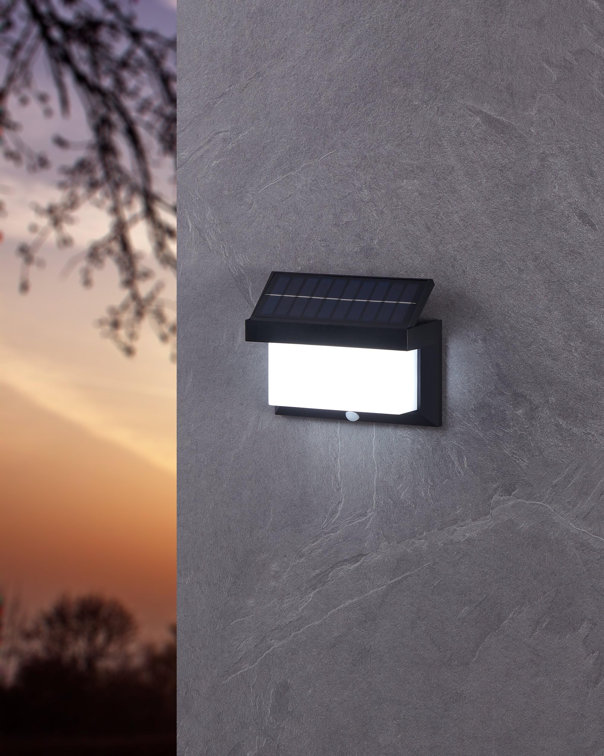 EGLO Utrera Lámpara de pared led para exteriores, lámpara solar para uso exterior con sensor de movimiento y temporizador, plástico negro y blanco, iluminación exterior IP44