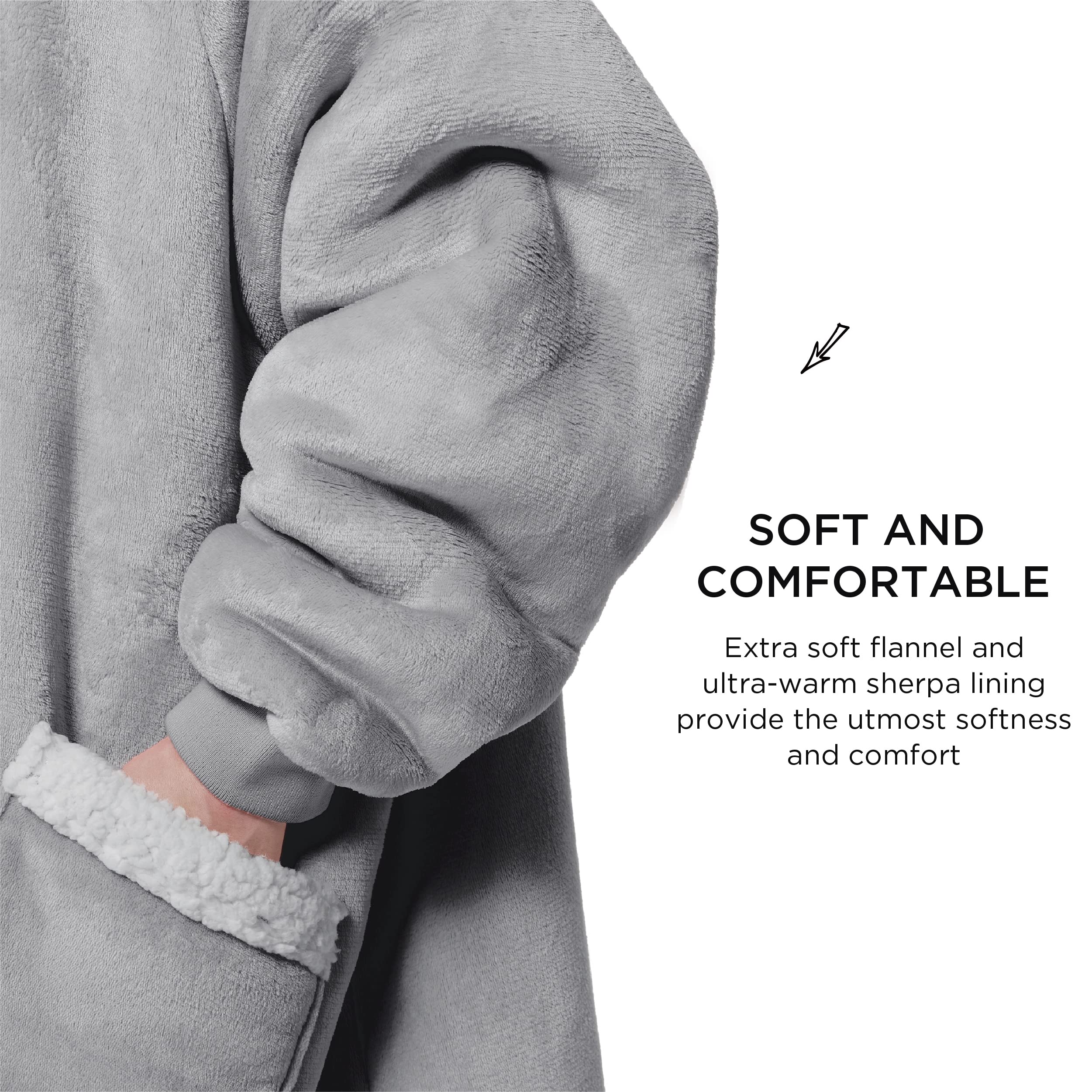 Bedsure Wearable Blanket Hoodie - Sherpa Fleece Hooded Blanket for Adult as A Gift, Warm & Comfortable Blanket Sweatshirt with Giant Pocket both Indoors and Outdoors (Standard, Grey)