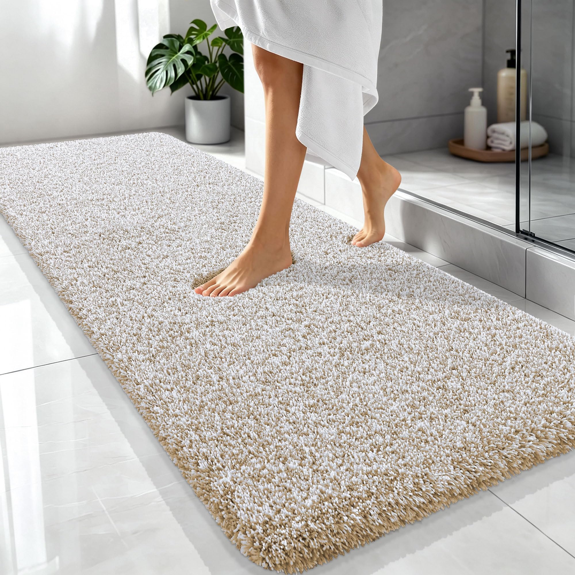 OLANLY Microfiber Bathroom Rugs 70x24, Quick Dry Bath Mat, Beige and White