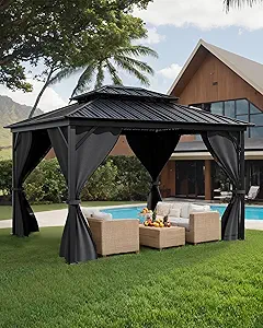 10x14 Ft Hardtop Gazebos with Heavy Duty Double Roof, Nettings and Curtains Galvanized Steel Outdoor Gazebos for Patio, Backyard, Deck, Lawn (Grey)