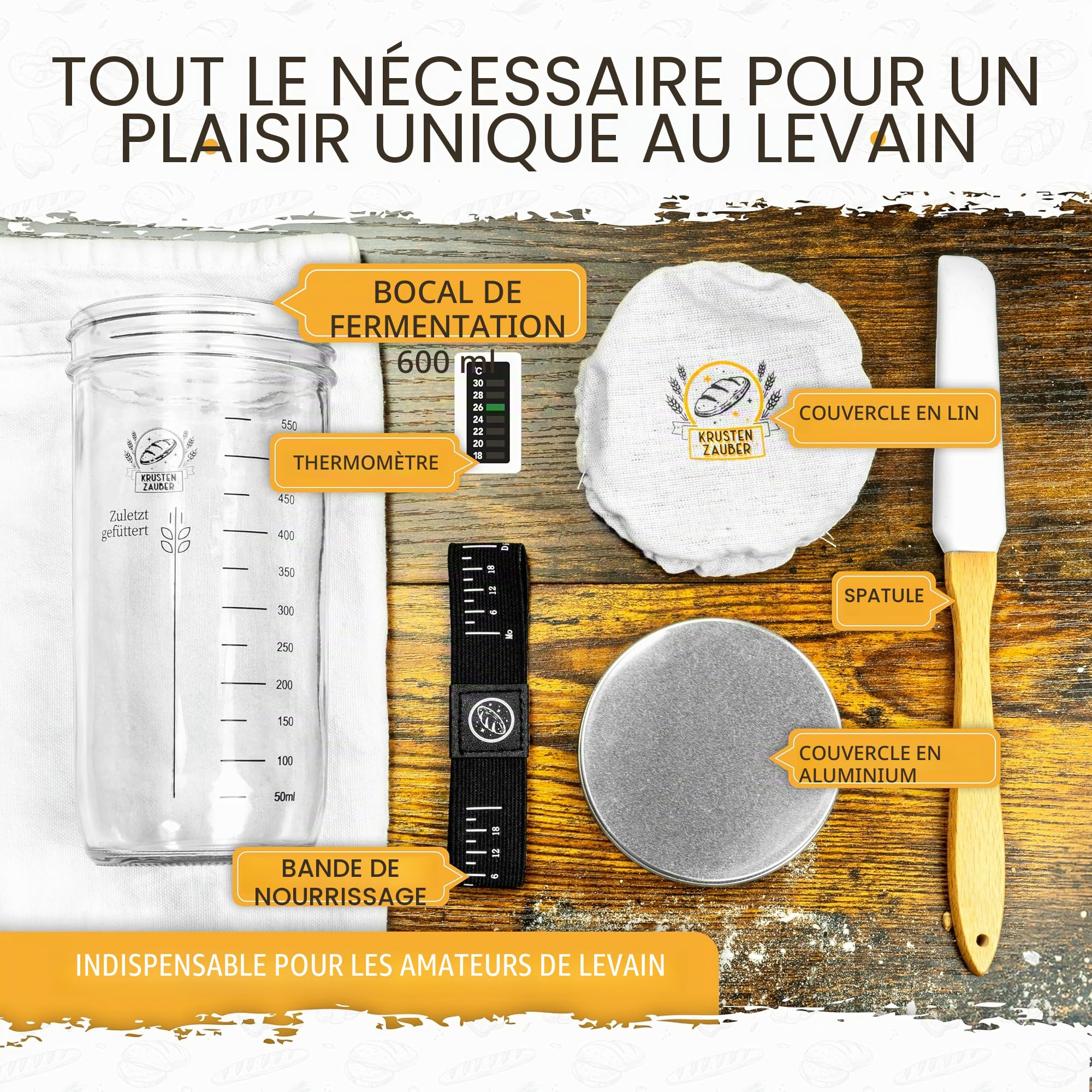 KRUSTENZAUBER Kit de démarrage de levain - Pot de fermentation 600 ml avec spatule et thermomètre - Accessoires pour cuisson du pain, verre de levain, fermentation, kit de démarrage de levain