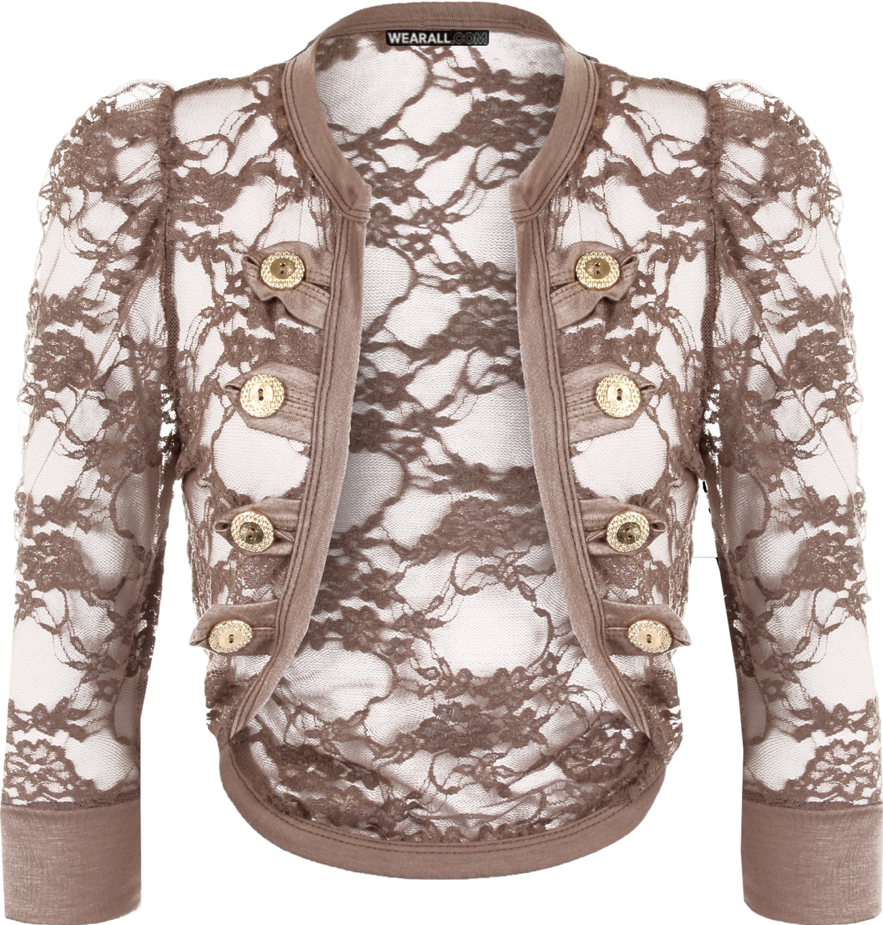 Wearall Women's Mocha Lace Button Design Stretch Shrug Cardigan Ruched Short Sleeve Top 12/14