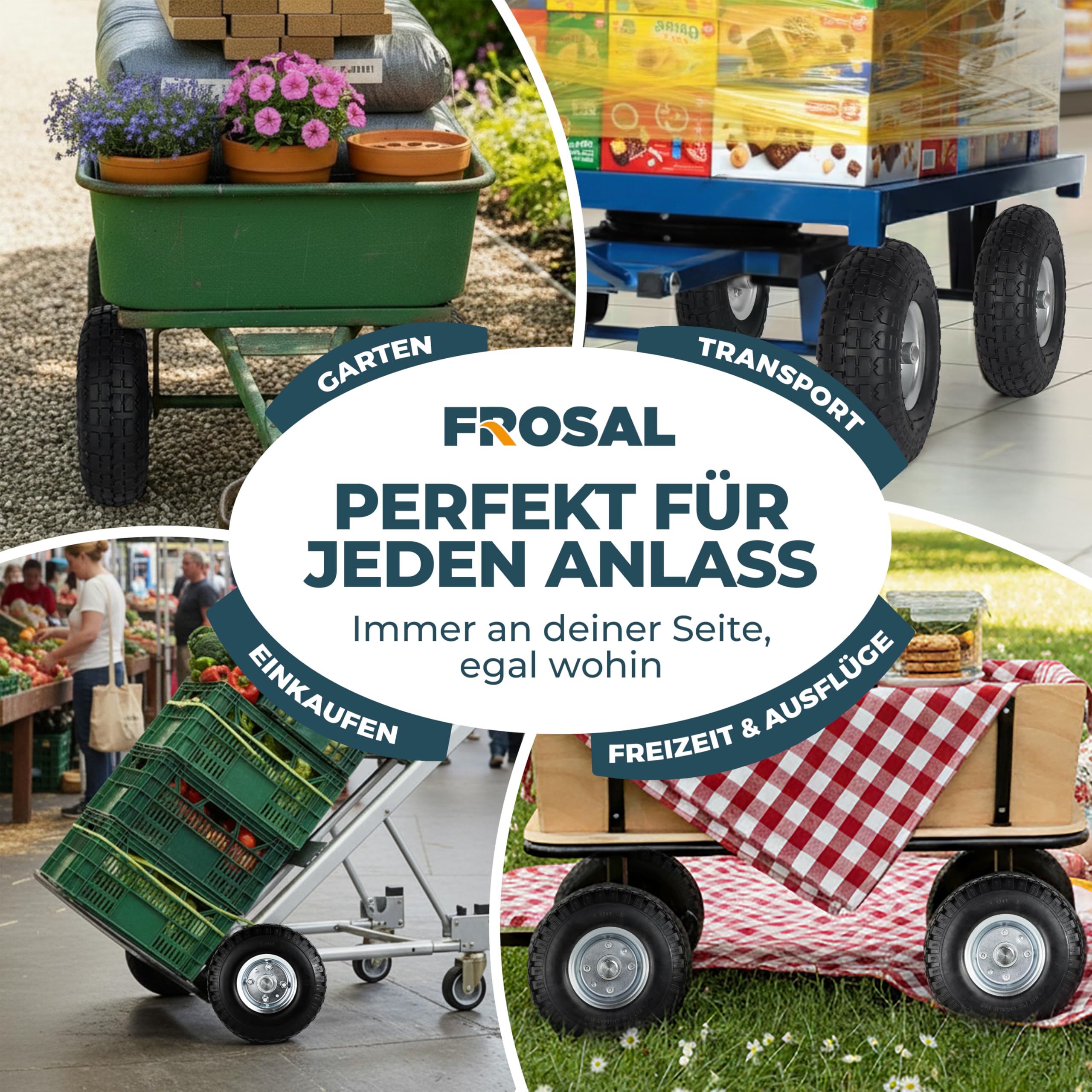 FROSAL 2x Vollgummireifen 260mm (3.00-4) pannensicher – Ersatzrad für Bollerwagen & Sackkarre – PU Rad mit Stahlfelge silber & Kugellager, 20mm Achse – wartungsfrei