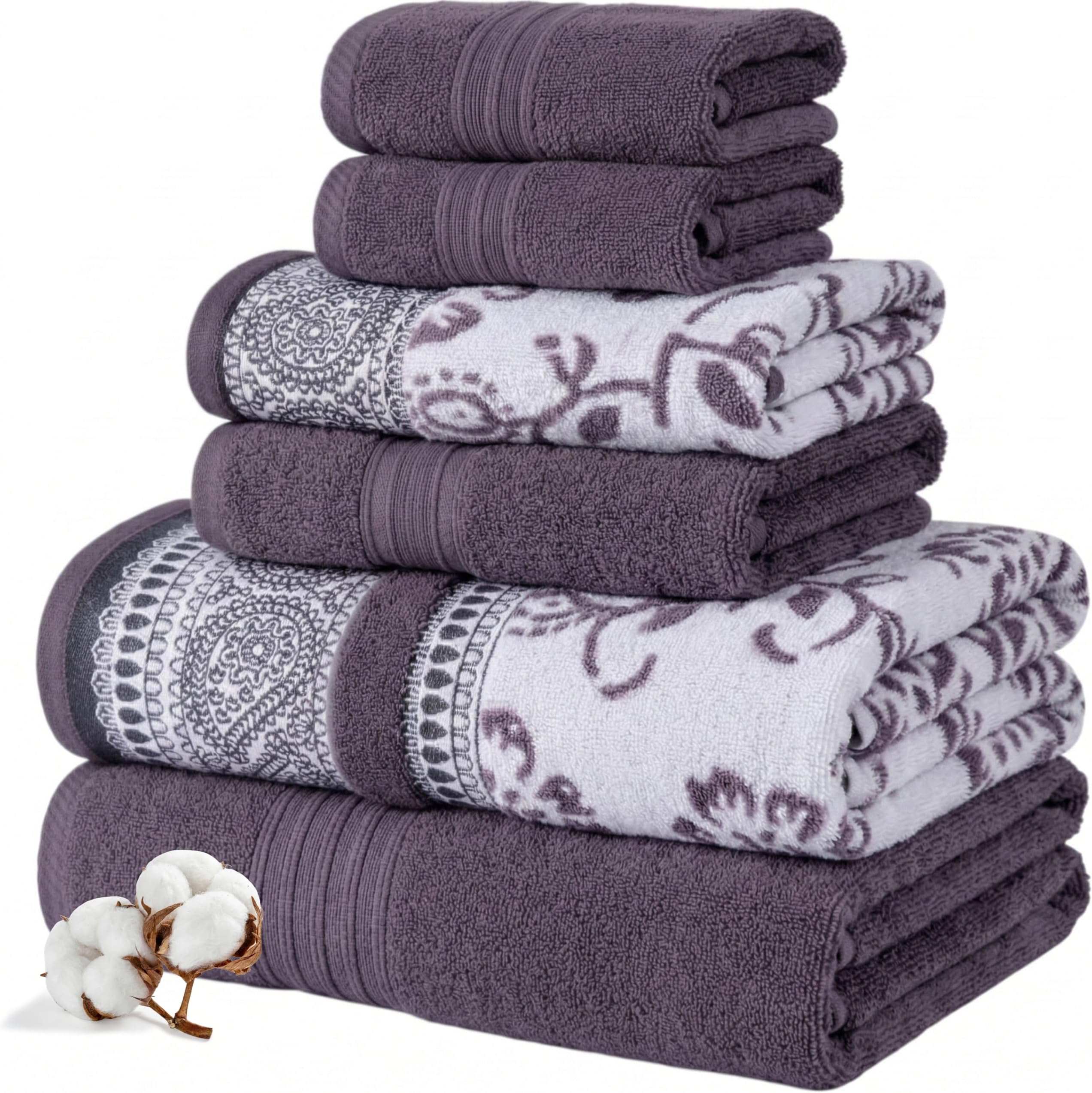 Modern Threads 6 Piece Set, 2 Bath Towels, 2 Hand Towels, 2 Washcloths Yarn Dyed Jacquard/Solid Towel Set Ophelia Orchid
