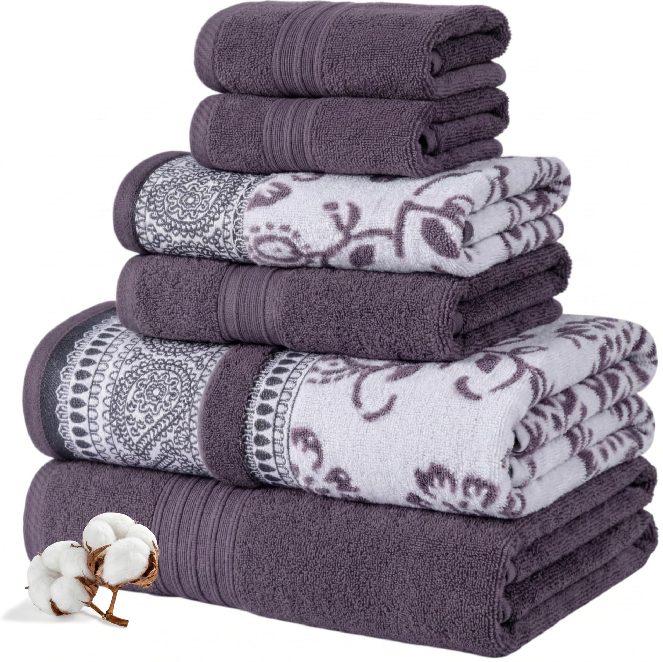 Ophelia 6-Piece 100% Cotton Towel Set – Reversible Yarn Dyed Jacquard & Solid – Includes 2 Bath Towels, 2 Hand Towels, 2 Washcloths – Absorbent, Quick Dry, Soft & Durable – Lavender