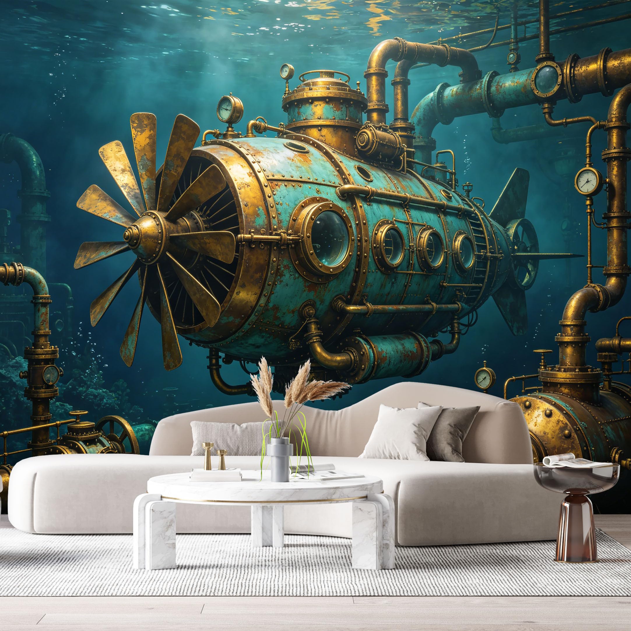 Custom Size Wall Mural Steampunk Submarine Industrial Machinery Deep Sea Retro SciFi Metal Texture SelfAdhesive Art Prints Removable Large Wallpaper Esports Room Game Room Tenant Room Studio
