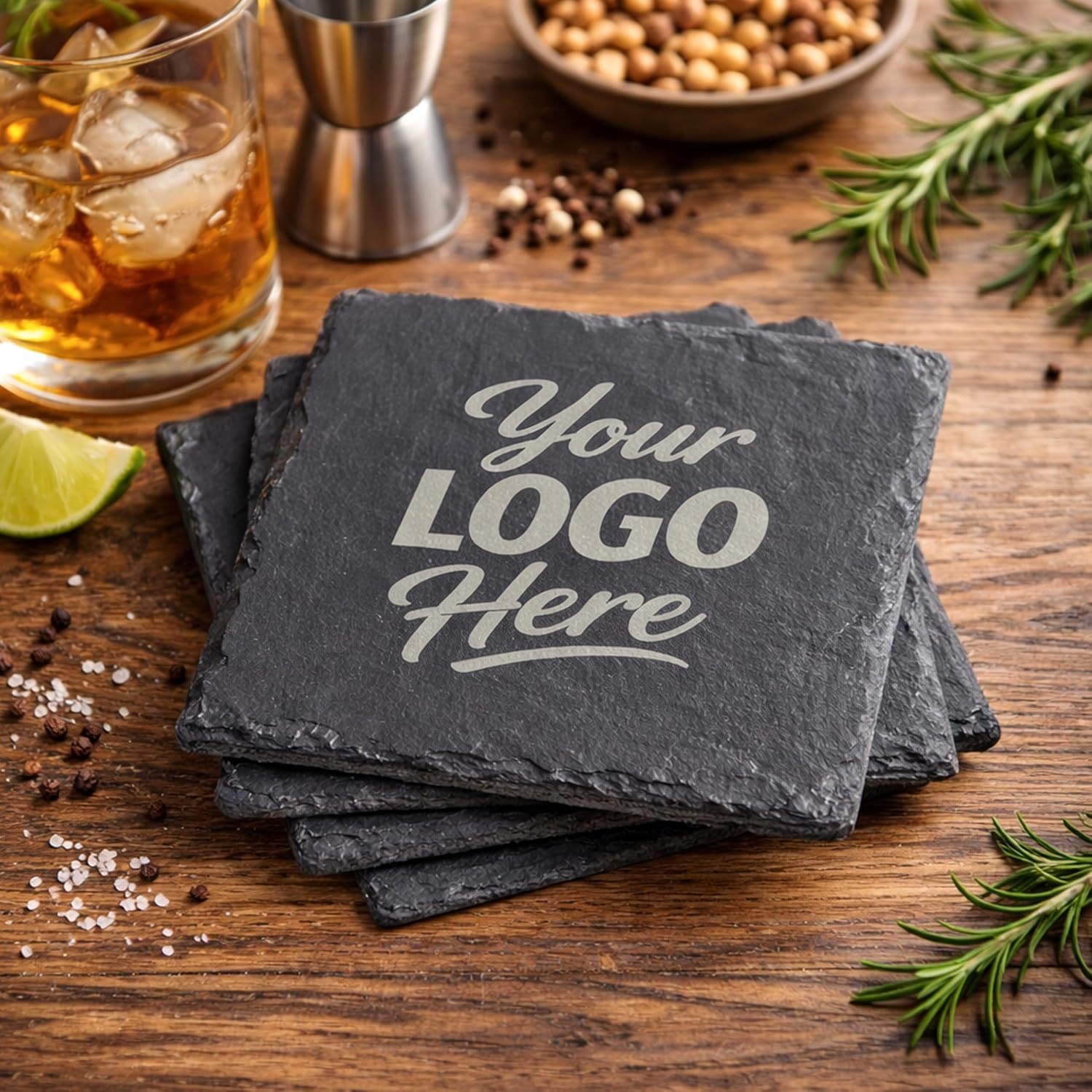 Custom Logo Slate Coasters - Set of 96 Personalized Black Stone Drink Coasters, Engraved for Corporate Gifts, Client Giveaways, Home, Office and Event Use
