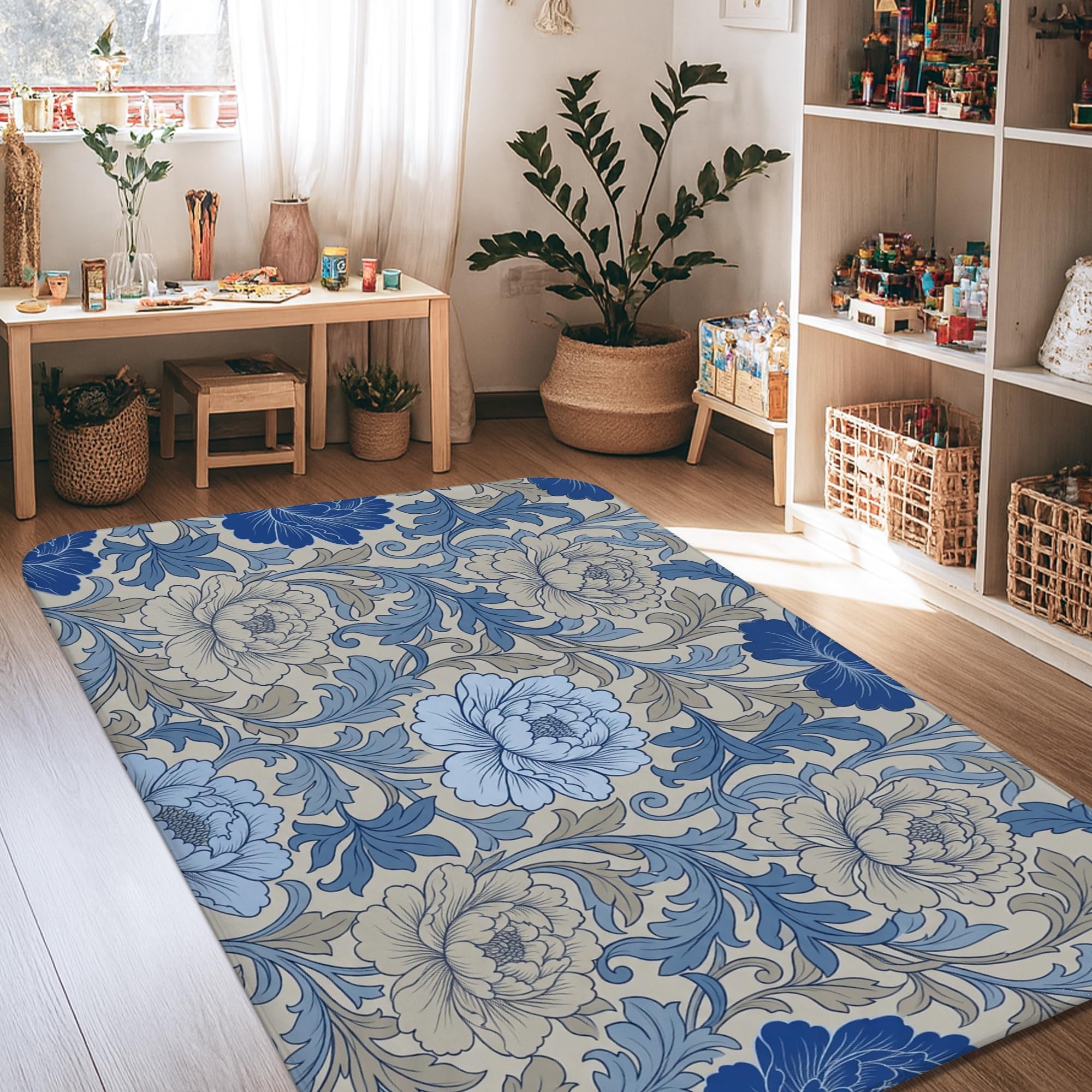 Alfombra antideslizante rectangular azul floral decorativa de dormitorio