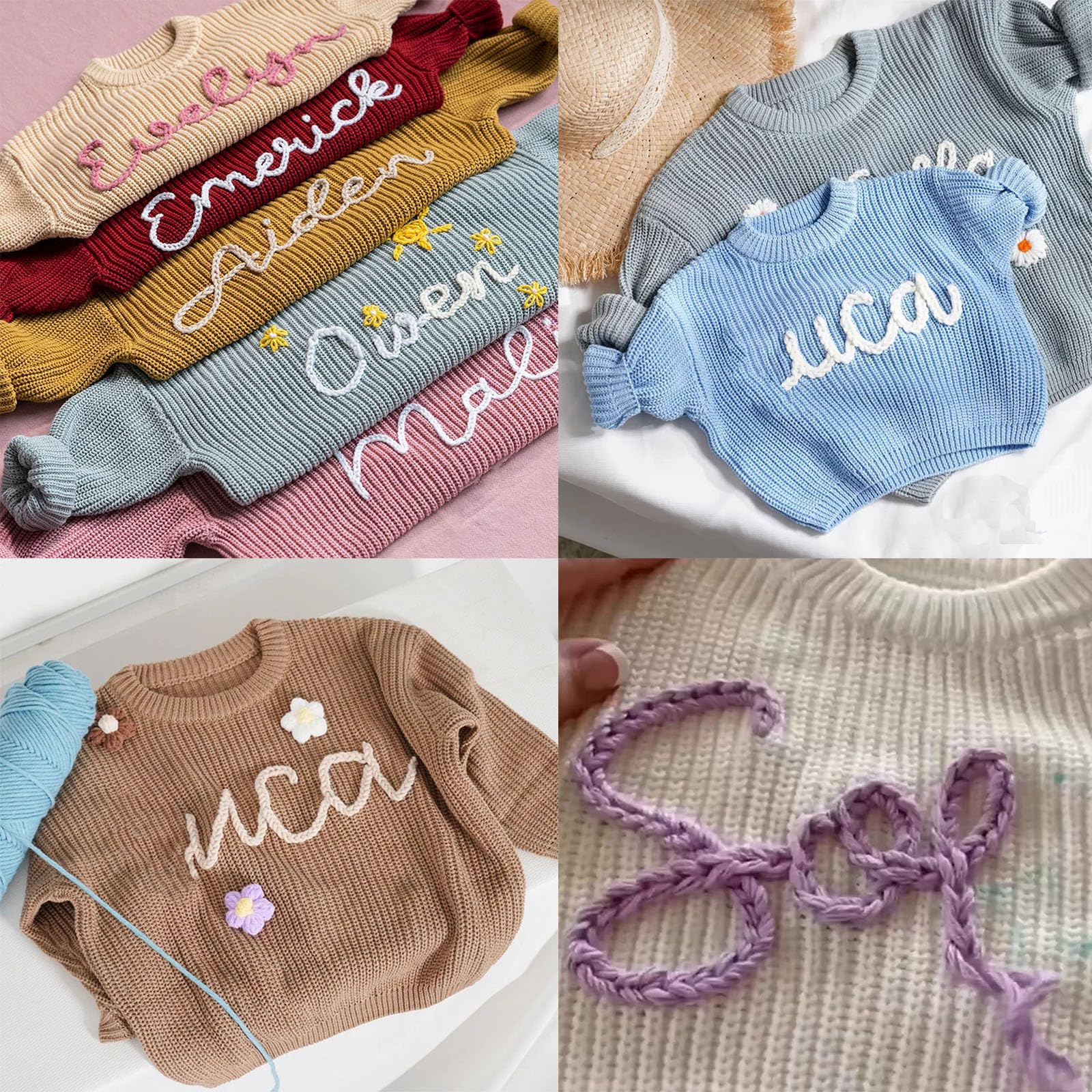 Generisch Handgefertigter Strickpullover Kinder, Pullover Selbst Gestalten mit Gesticktem Namen, Custom Sweater Langarm Rundhalspullover Personalisierte Pulli für Baby, Mädchen, Jungen 0-8 Jahre