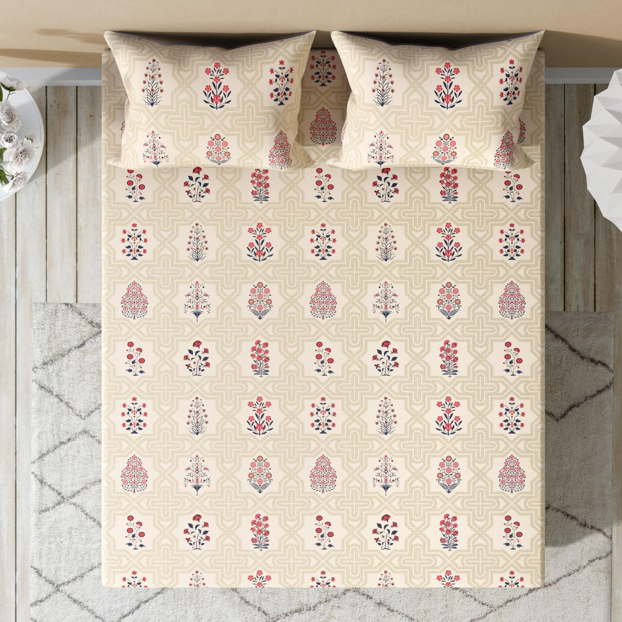 Wakefit 100% Cotton 220 TC Digital Print Fitted Bedsheet with 2 Pillow Covers | Meenakshi King, 72" x 72", Meenakshi | 1.83m x 1.83m