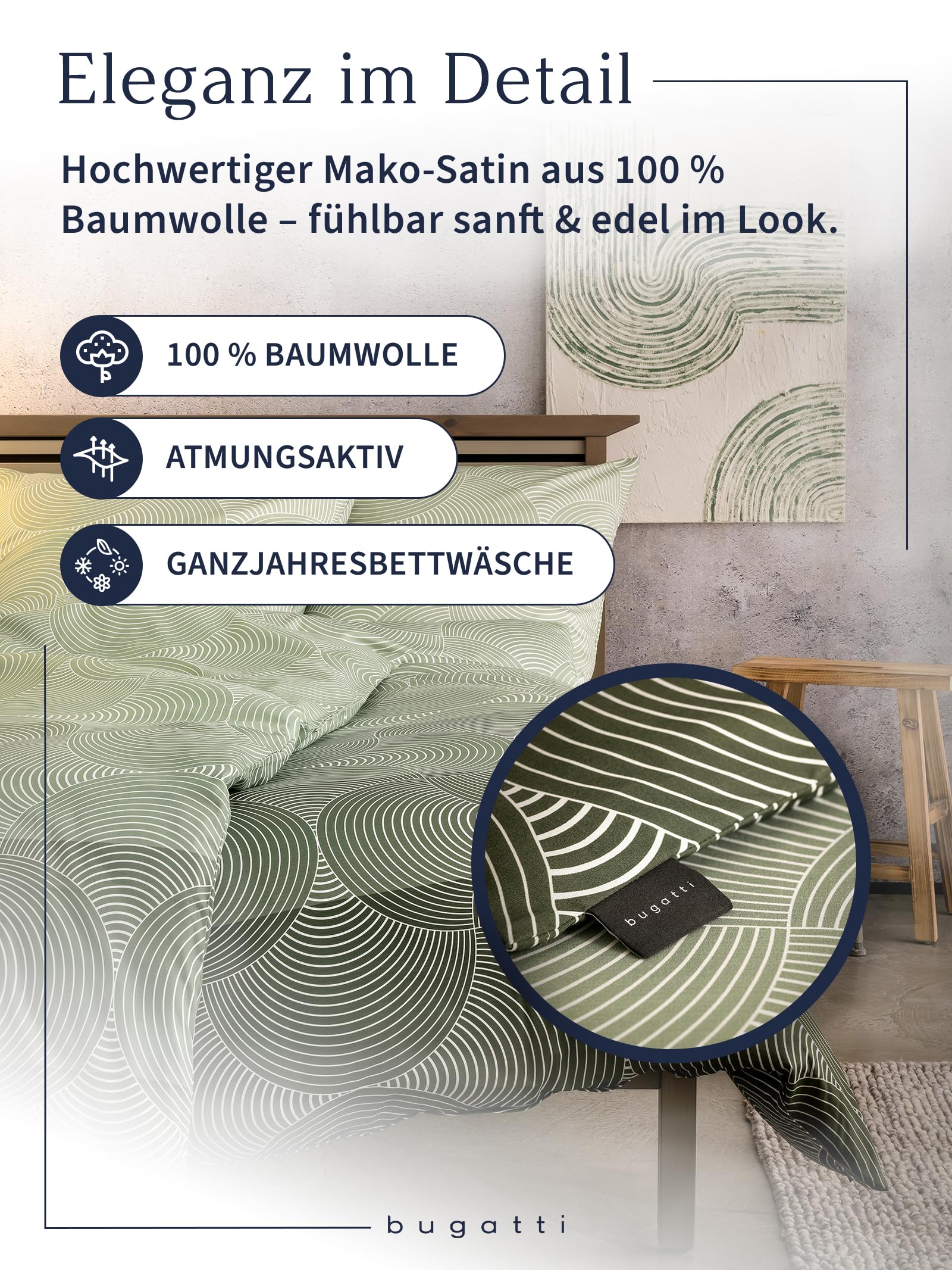 bugatti Bettwäsche 135x200 cm - 100% Baumwolle, Reißverschluss, anschmiegsam, weich & waschbar, Mako Satinbettwäsche Kreise grafisch grün