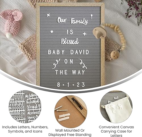 Miniatura 2 de HBCY Creations Tablero de letras de fieltro de 12 x 17 pulgadas, marco de madera maciza, madera envejecida, fieltro gris, 389 letras de