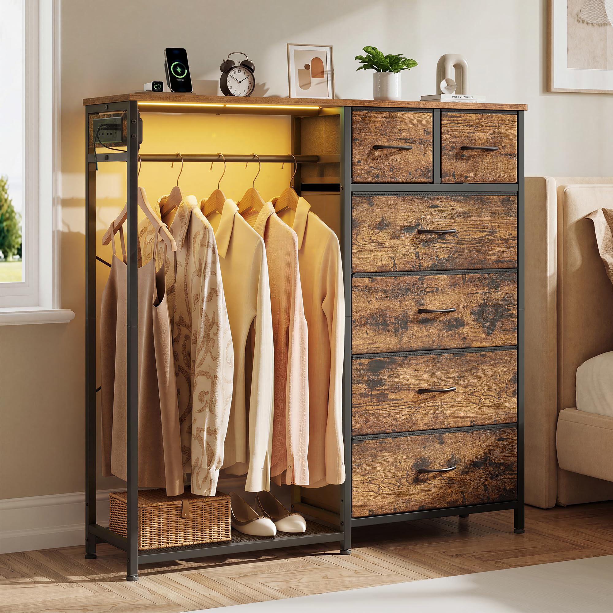 SONGMICS Chest of Drawers, 6 Fabric Drawers, Steel, MDF, Non-Woven Fabric, Open Wardrobe with LED Lights and Charging Station, Garment Rack for Bedroom, 102.7 x 35 x 117.6 cm, Rustic Brown ULGS523K103