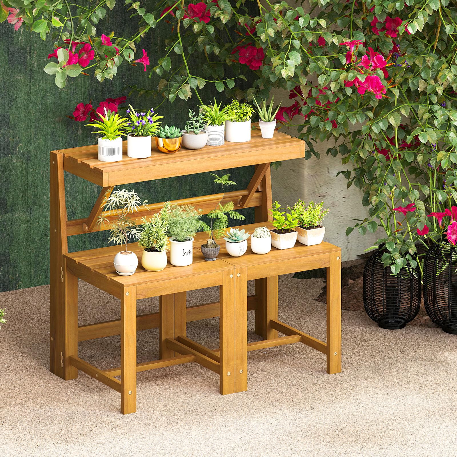 GOPLUS Salon de Jardin Extérieur 3 en 1 Banc Convertible Acacia Pliant 2 Personnes FSC Naturel