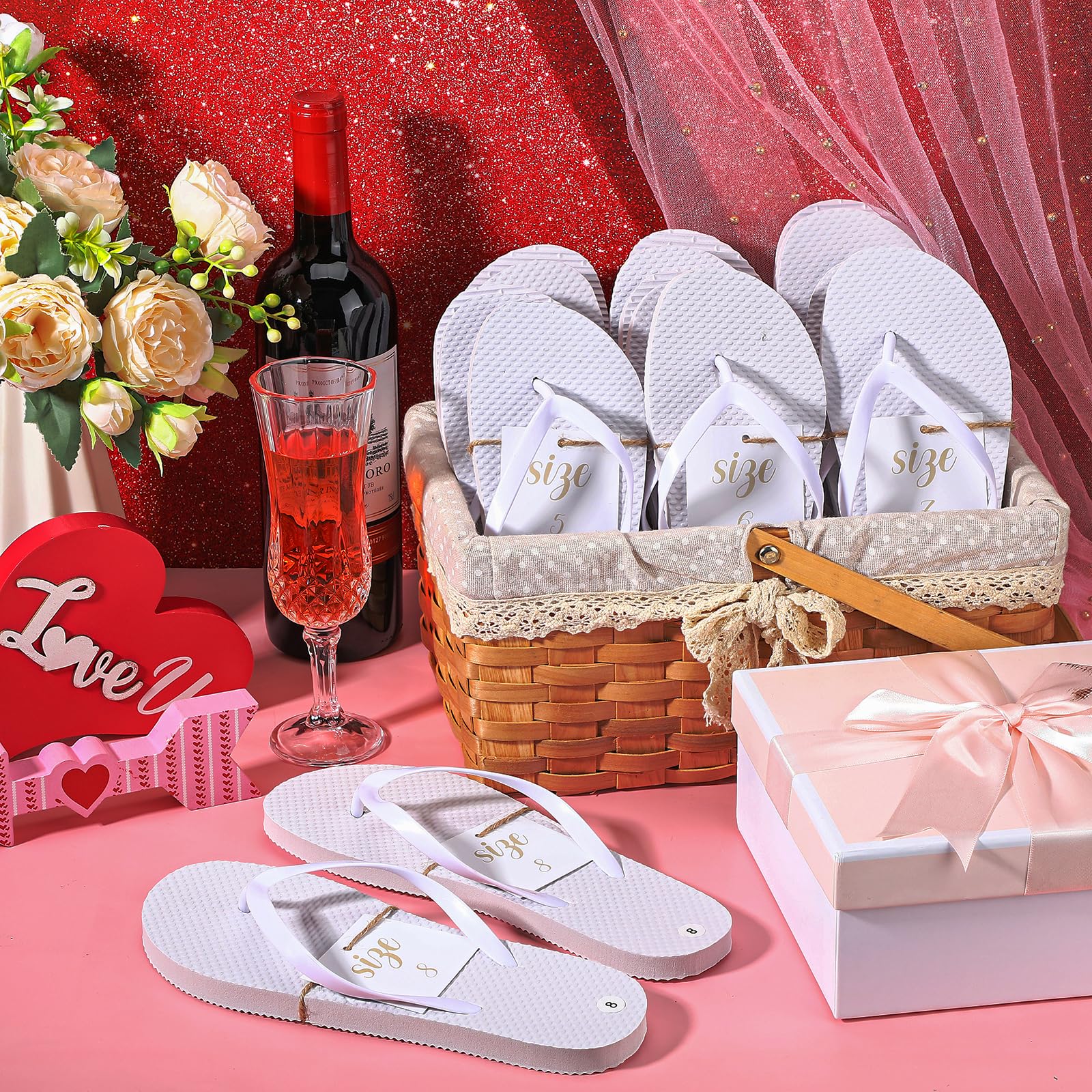 Sinmoe 12 Paar Flip Flops für Hochzeit Gäste 12 Stück Karten mit 4 Größen Gedruckt und Seil Pantoffeln für Hotel Spa Pediküre