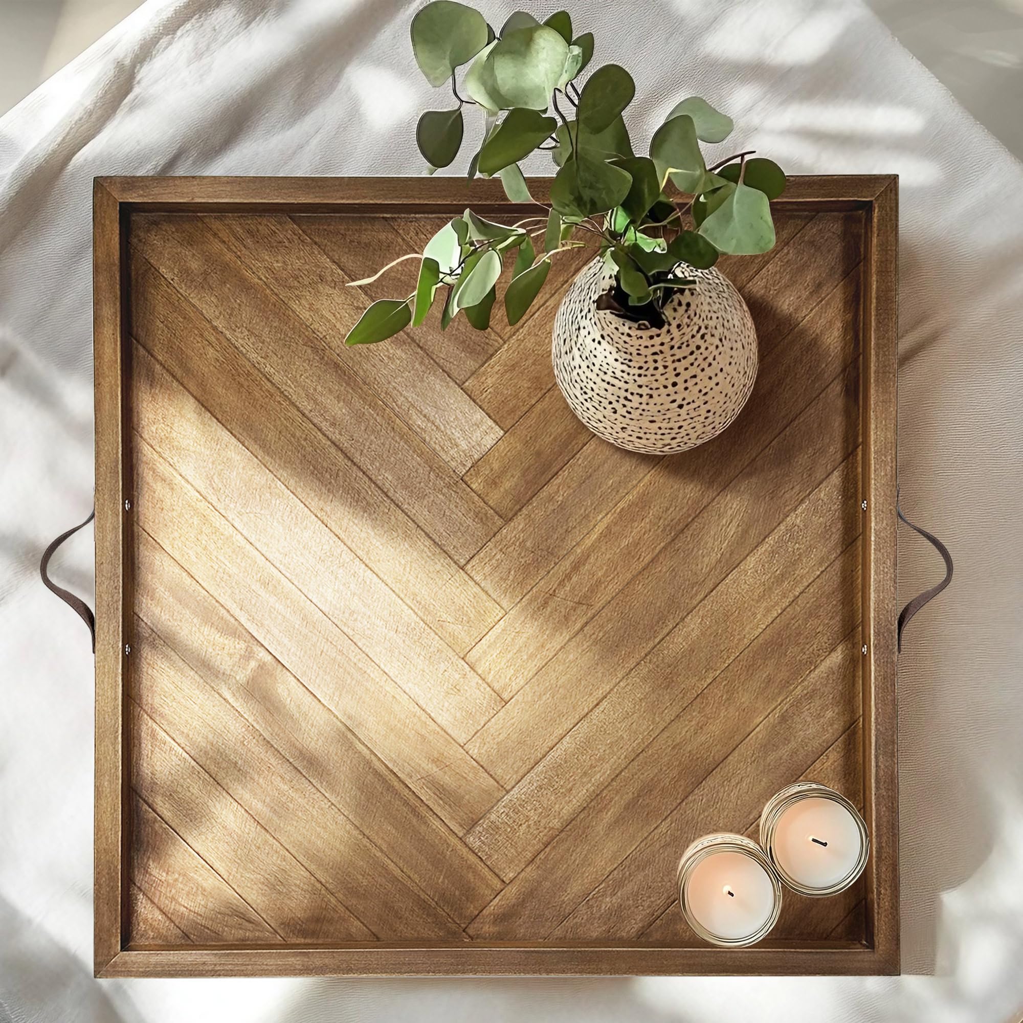 Large Ottoman Tray with Leather Handle 24 x 24 x1.5 Inches, Square Wooden Trays for Serving Food, Handmade Ottoman Tray for Coffee Table, Living Room and Kitchen.
