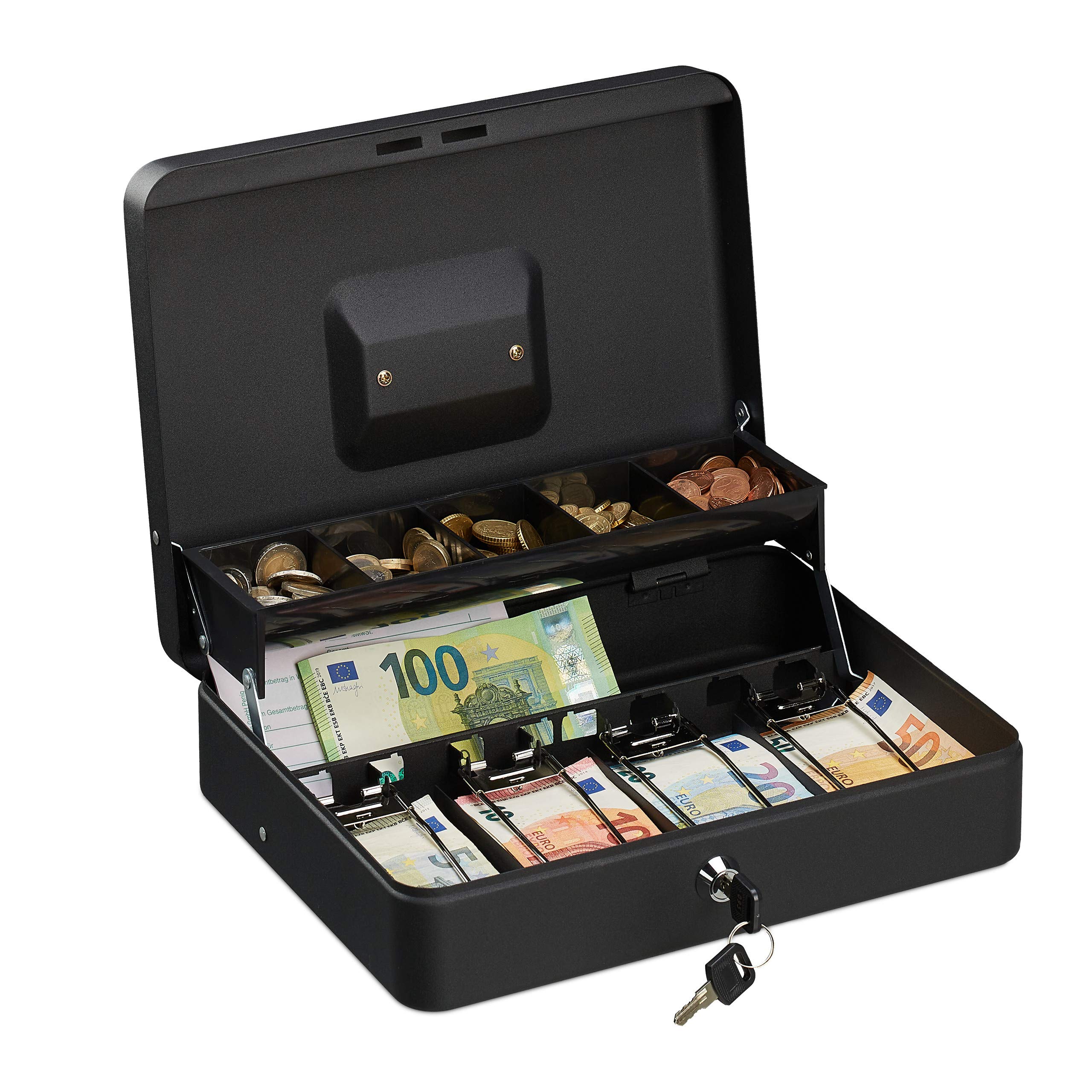 Relaxdays Black Lockable Box, Coin Insert And 4 Note Compartments, Iron Box, Hbd 8.5 X 30.5 X 24.5 Cm,