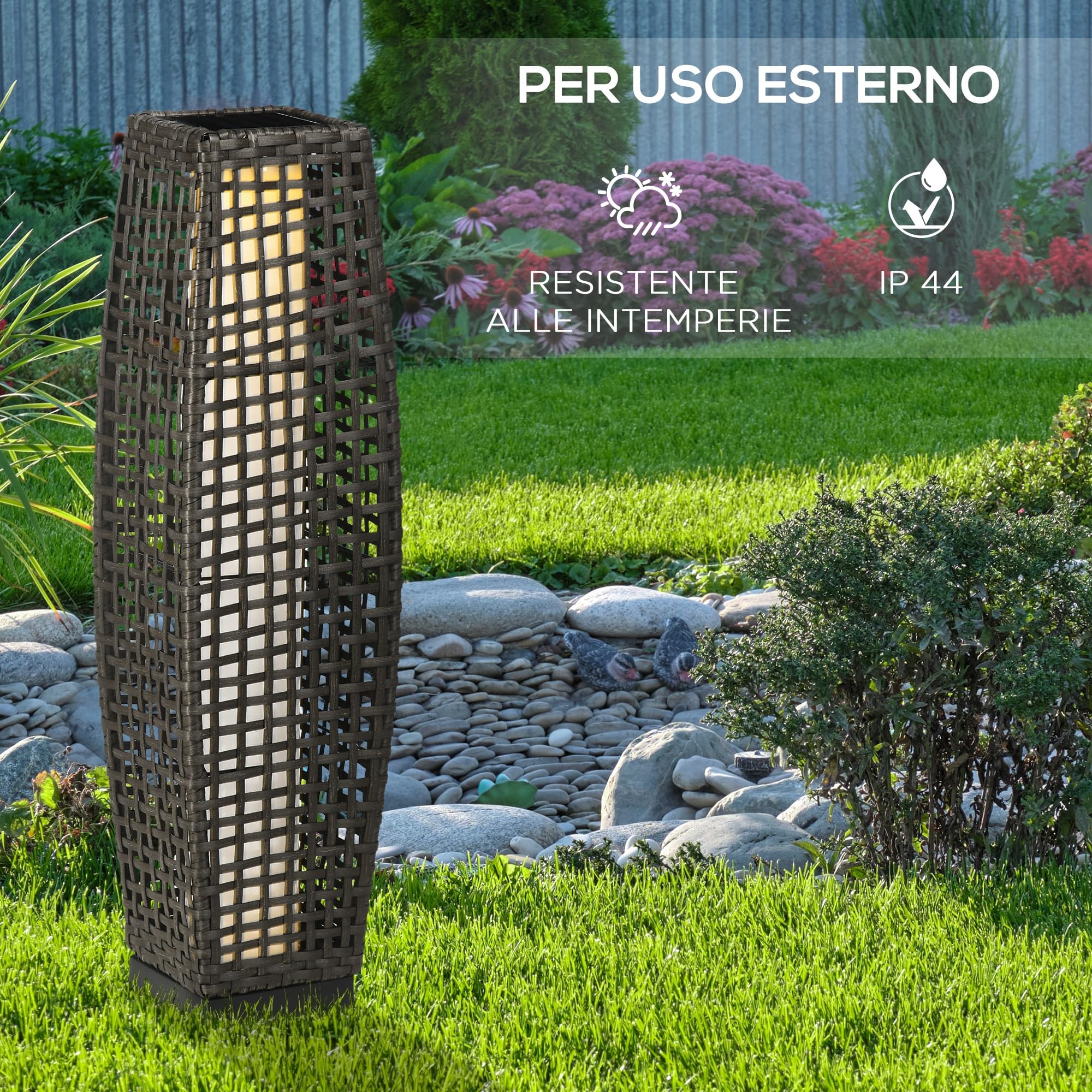 Outsunny Solar Stehlampe mit Lichtsensor Automatisch LED Solarleuchte Grau | Rattan Solarlampen, Boho-Stil, IP44 Wasserdichte Solarlampe, Akku Solarlaterne, Outdoor Lampe für Garten Balkon Rasen Hof