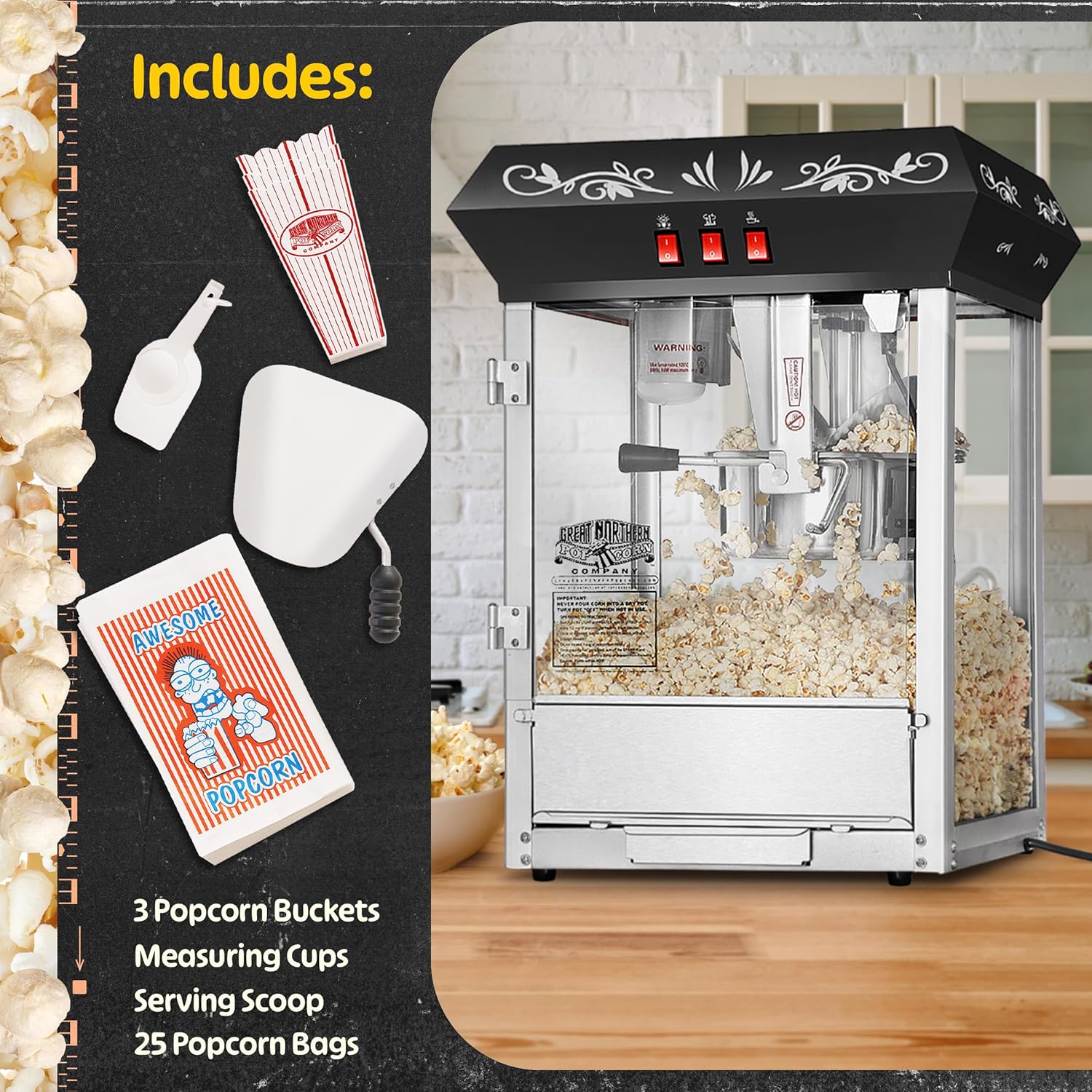 Foundation Popcorn Machine with Cart - 8oz Popper with Stainless-Steel Kettle, Warming Light, and Accessories, Black