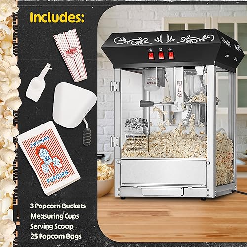 Miniatura 4 de Máquina de palomitas de maíz de base con carro, 8 onzas con hervidor de acero inoxidable, luz de calentamiento y accesorios, color negro