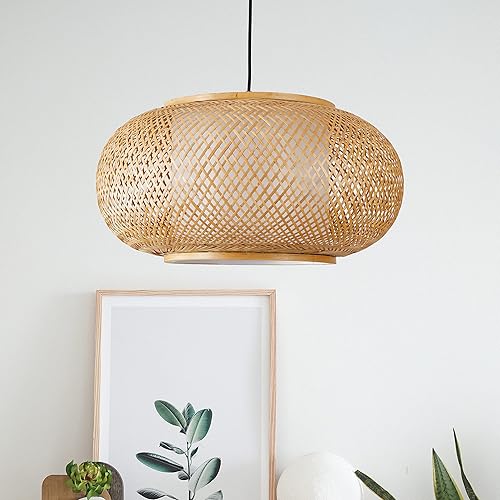 Miniatura 6 de Aeyee Lámpara colgante de bambú para colgar en cesta, 1 lámpara de araña elegante de ratán para cocina, isla de guardería (19 pulgadas)