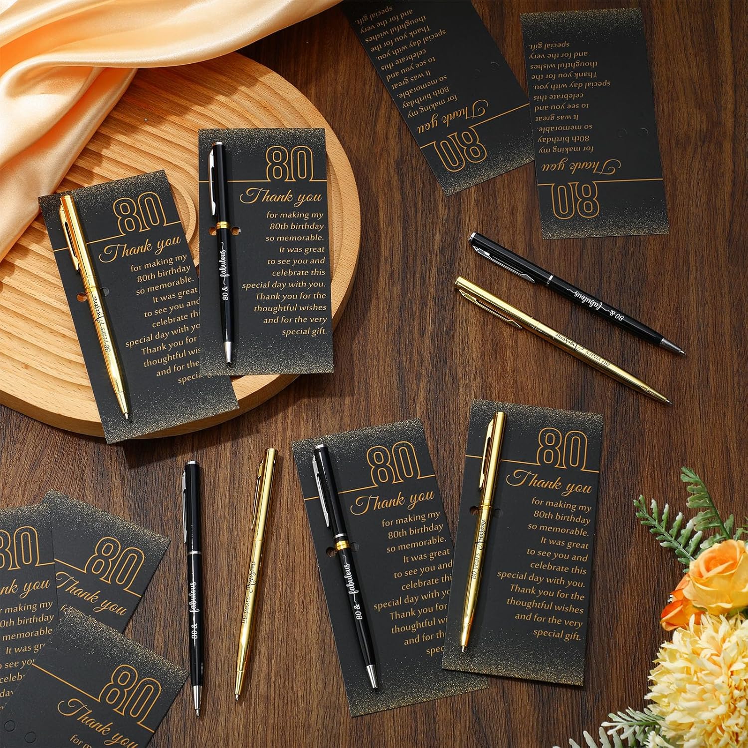 Feifeiy 25 Sets 80th Birthday Party Favors for Guests with Golden Birthday Ballpoint Pens and Thank You Cards for Men Women Anniversary Wedding New Year Gifts - Image 5