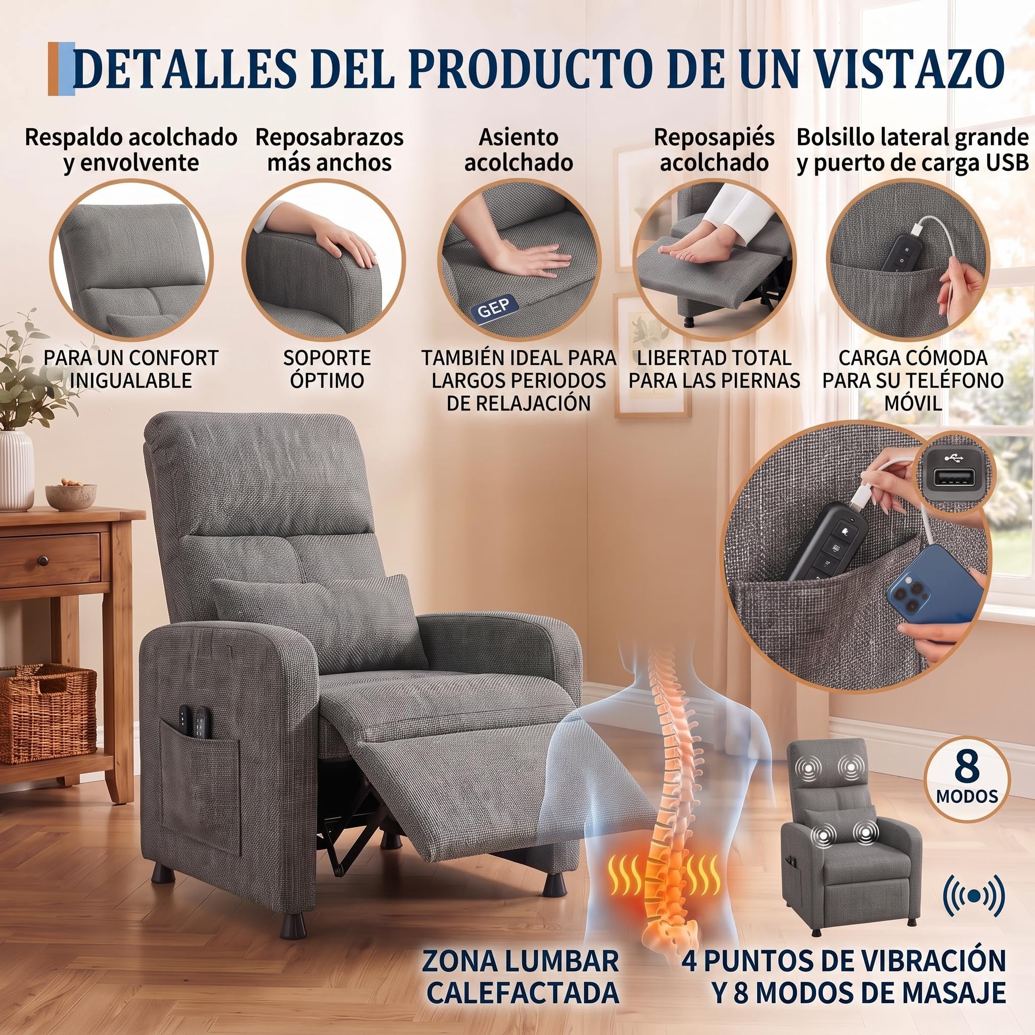 Litake Sillón Eléctrico Reclinable con Masaje y Calefacción, Sillón Relax con 4 Puntos de Masaje y Calor, Tapizado de Lino, Estructura de Hierro, para Sala de Estar, Puerto USB, Marrón