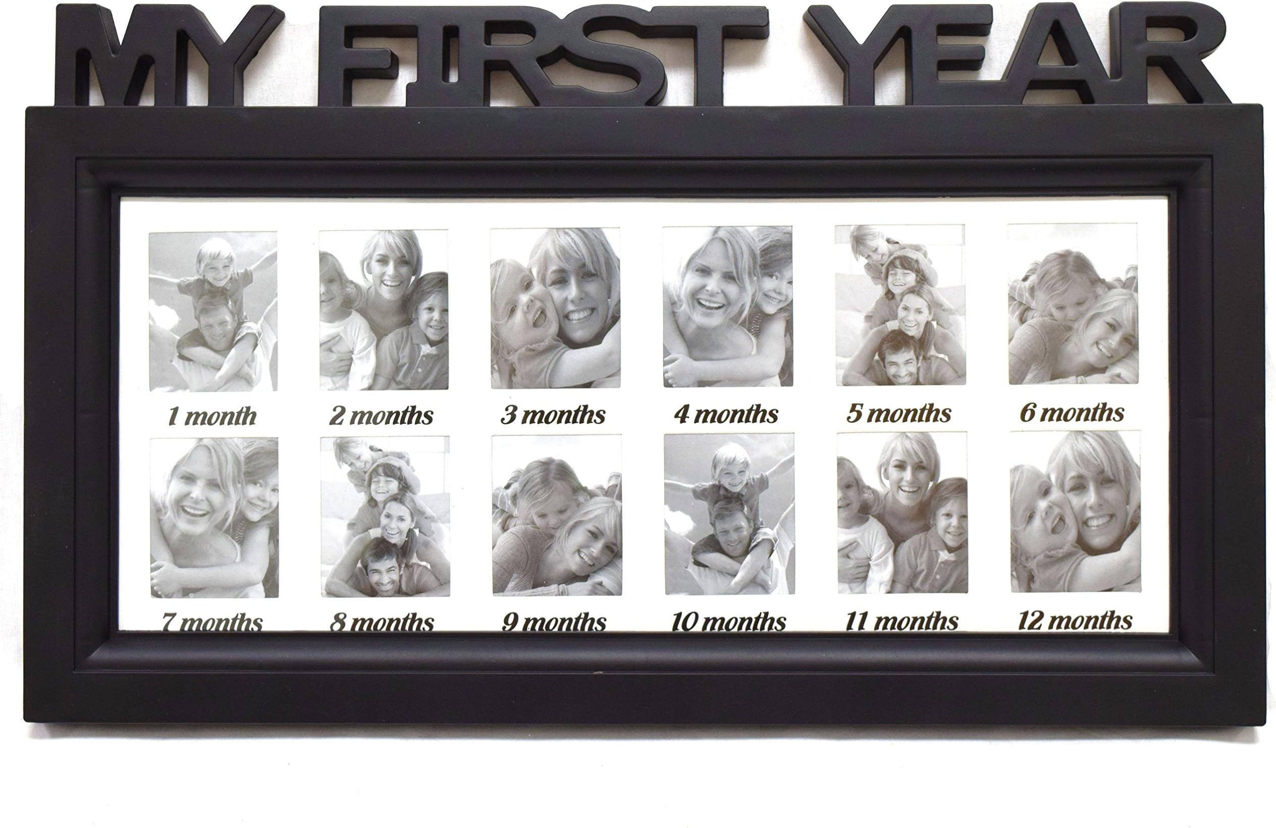 Black/White Frame Baby's First Year Timeline Collage Picture Frame - Comes with Protective Bubble Wrap (Colors Vary)