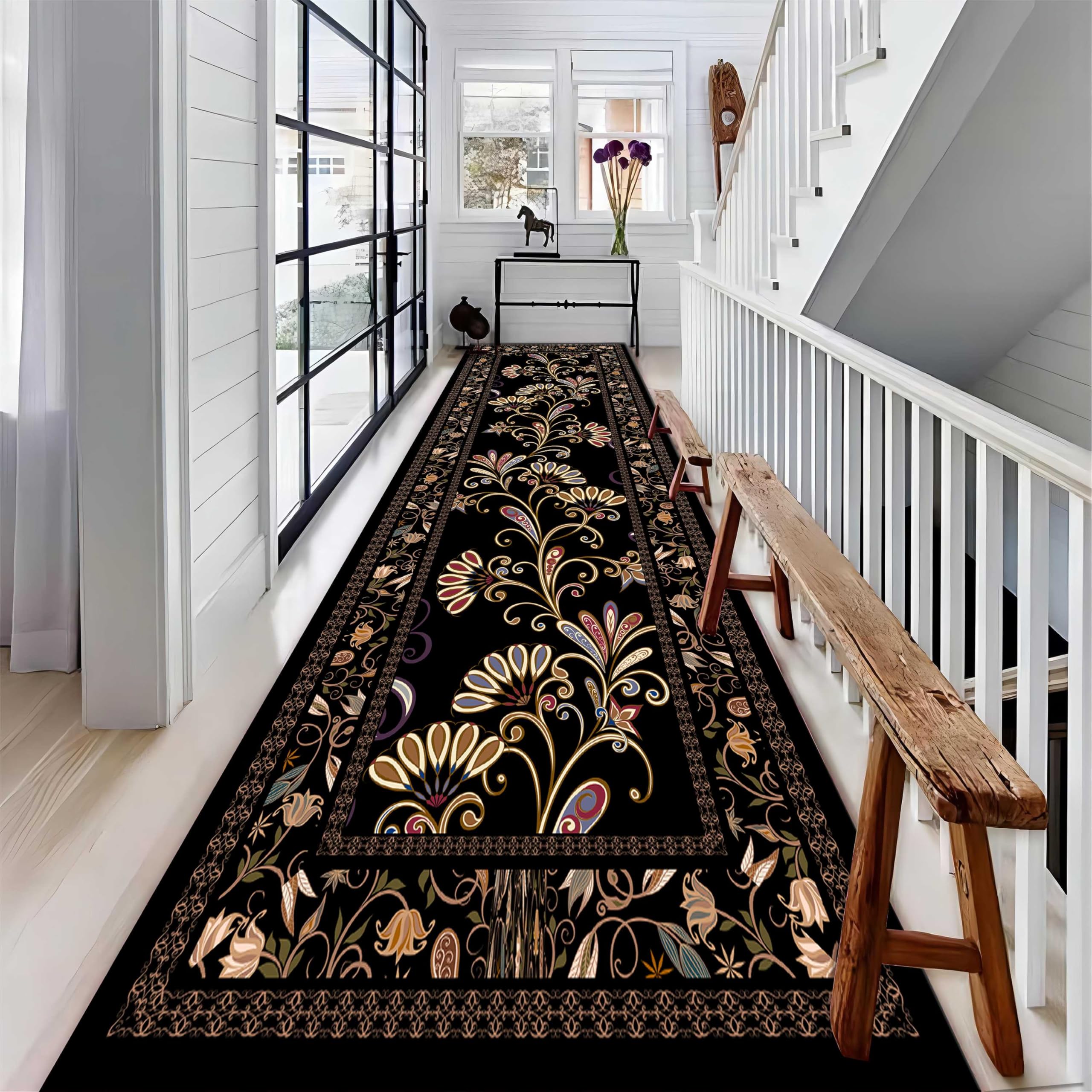 Washable Long Strip Area Rugs for Hallway, 2x7ft Entryway, Kitchen, Bathroom, Bedroom Black Elegant Floral Hallway Rugs, Soft and Easy to Clean