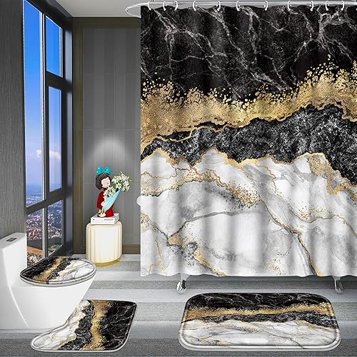 Miniatura 6 de Poedist Juego de 4 cortinas de ducha de baño con borde negro y dorado, juego de baño con cortina de ducha y alfombras (tapete de baño, forma de U y