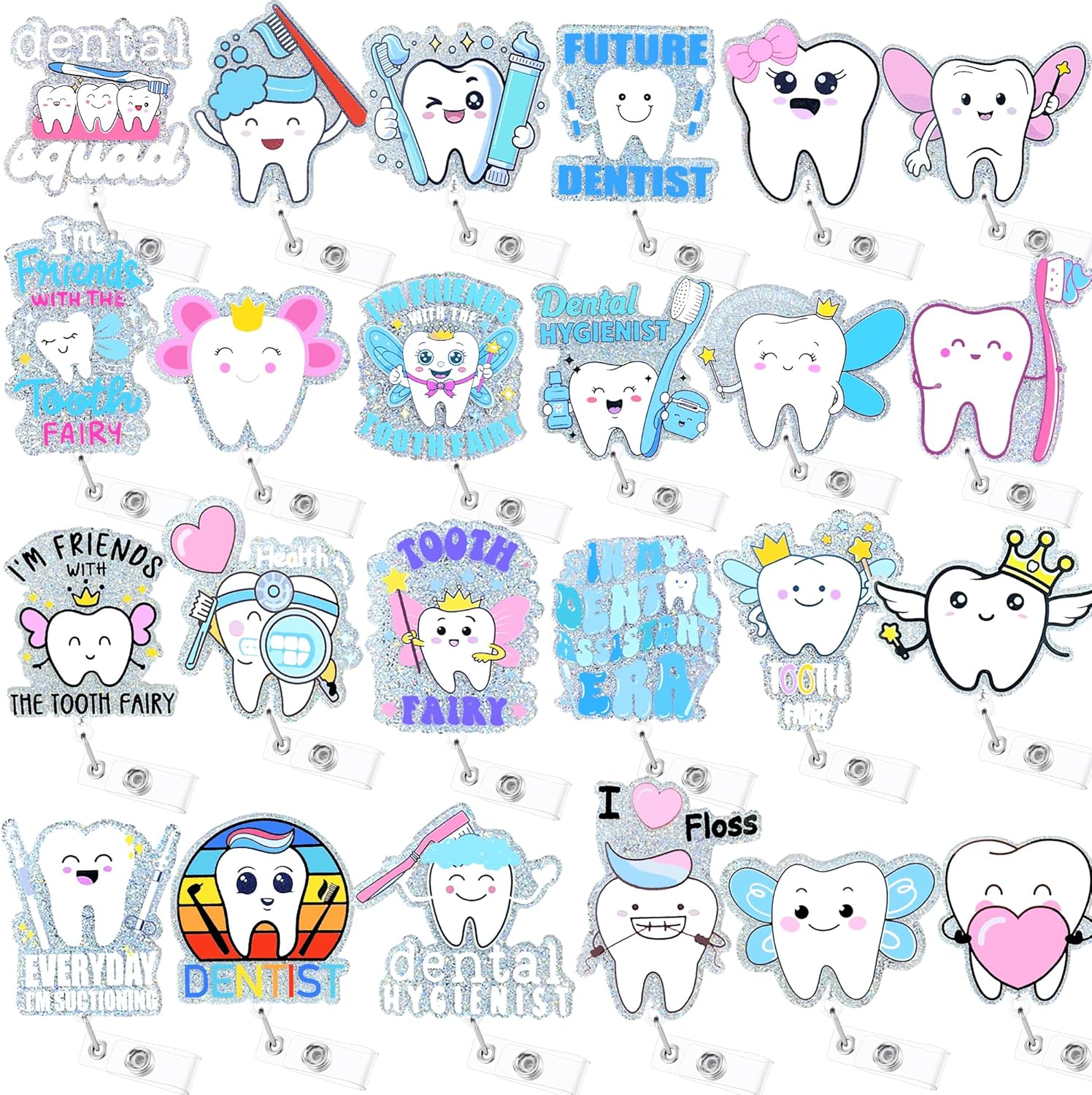24 Pieces Dental Badge Reels Funny Dental Hygienist Retractable ID Badge Holders with Alligator Clip Cute Dentist Dental Assistants Tooth Accessories Gifts for Coworkers