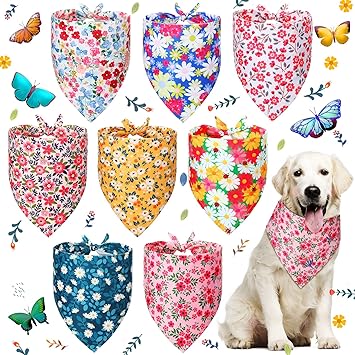 8 Pieces Dog Bandana Flower Print Reversible Triangle Bibs Puppy Scarf Accessories for Dogs Cats Pets (Cute Flower Patterns, M)
