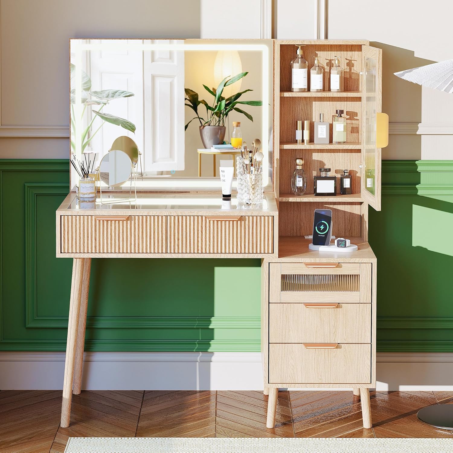 Fluted Vanity Desk with Mirror and Lights, Glass Top Makeup Vanity with 5 Drawers and Glass Door Cabinet,9-Grid Organizer, Charging Station, Lighting Adjustable Dressing Table, Natural Oak