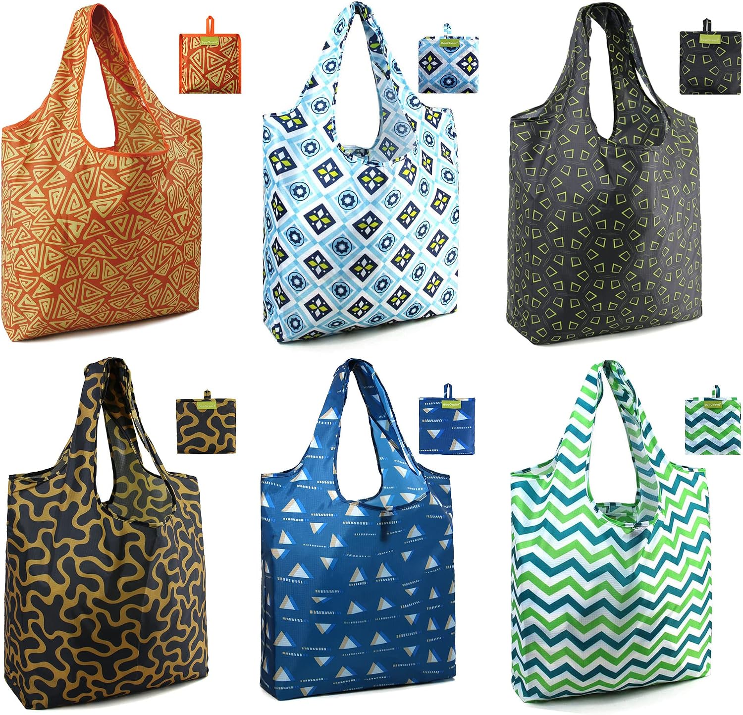 BeeGreen Reusable Grocery Bags 6 Pack with Pouch Shopping Bags Reusable X-Large Durable Washable Foldable Tote Bags Red Green Black Teal Blue Light Blue