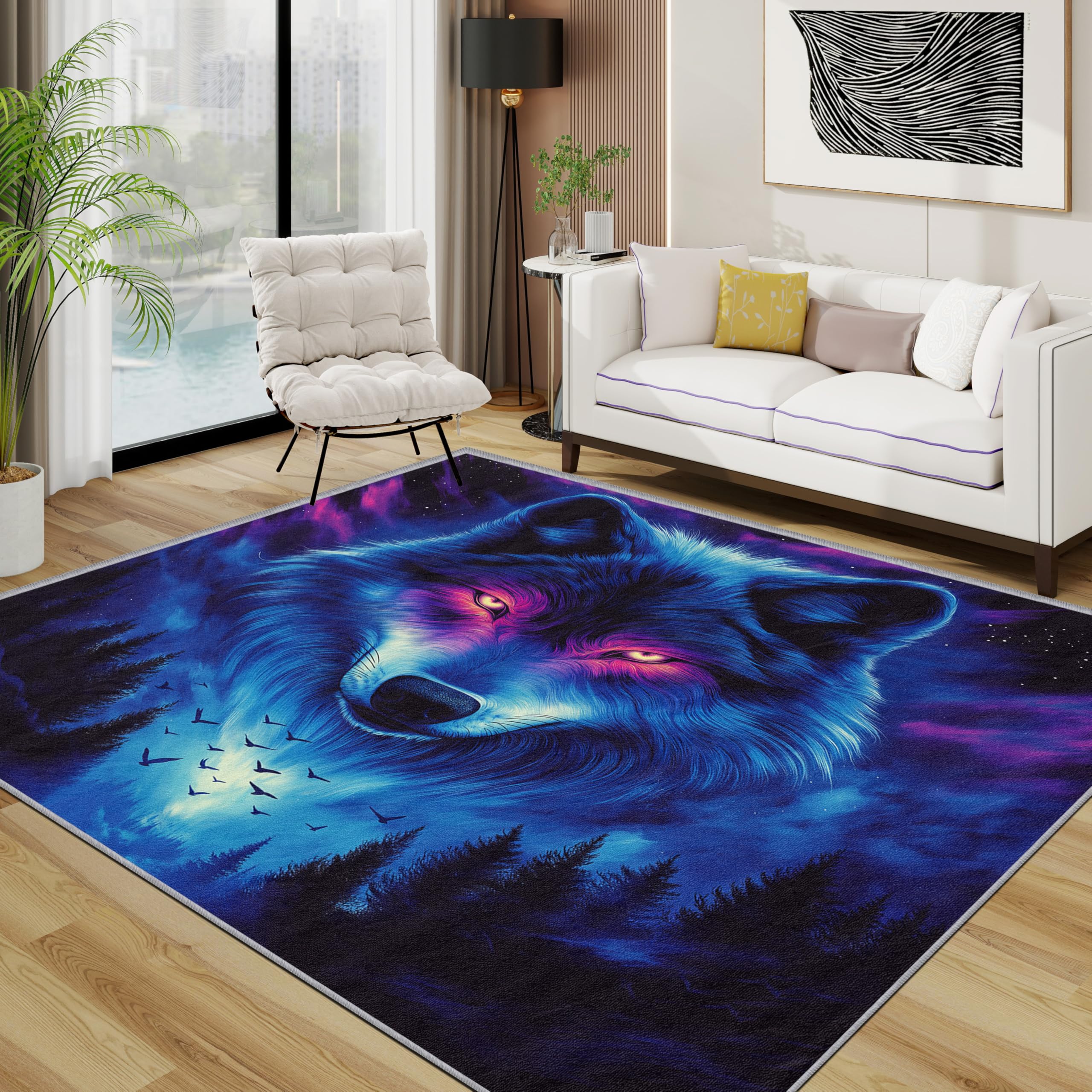TerroVee Wolf Rug - Forest Aurora Wildlife Small Rugs for Bedroom 40x60, Fantasy Neon Animal Floor Mat Soft Washable Non Slip Indoor Mats, Wolf Home Decor