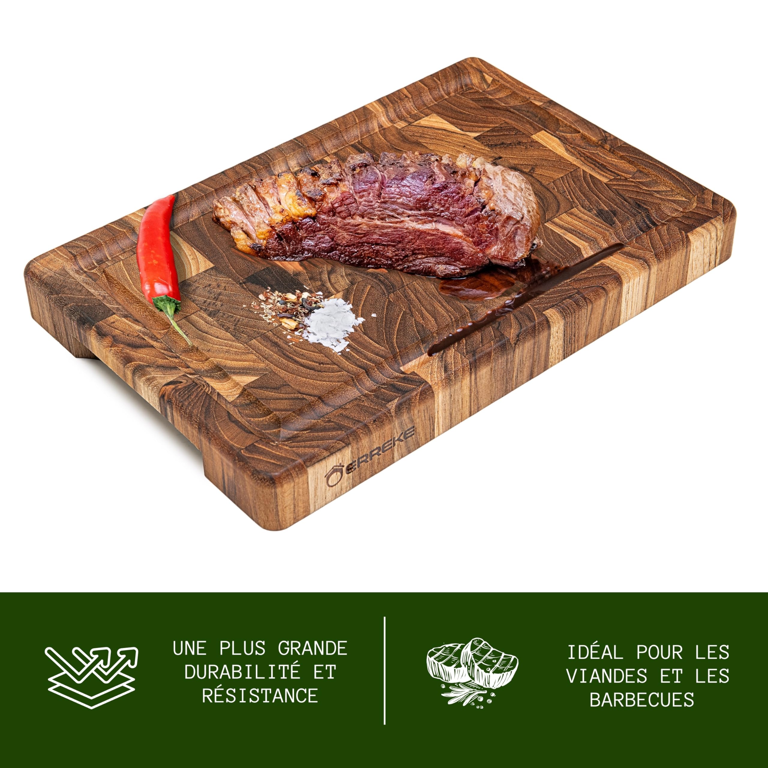 Erreke Houten Snijplanken, End Grain Snijplank Teakhout 50x35x5 cm, Robuuste Dikte, Kopshout Snijplank Teakhout, Antislipvoetjes, Keuken of Barbecue, Cutting Board, Kaas Brood (met sapgroef