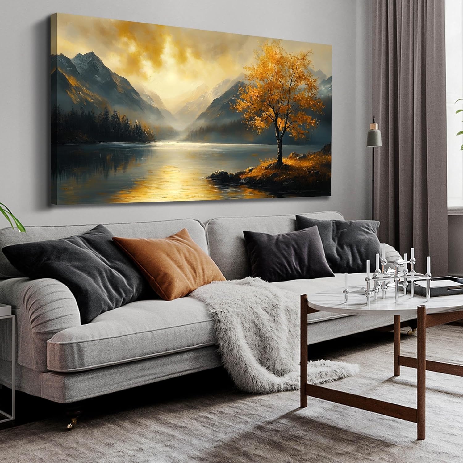 Ouzzlie Lake Wall Art Landscape Wall Decor Yellow Tree Canvas Art for Living Room Office Bedroom Sunshine Forest Large Picture 29" x 59" 59"L x 29"W Yellow