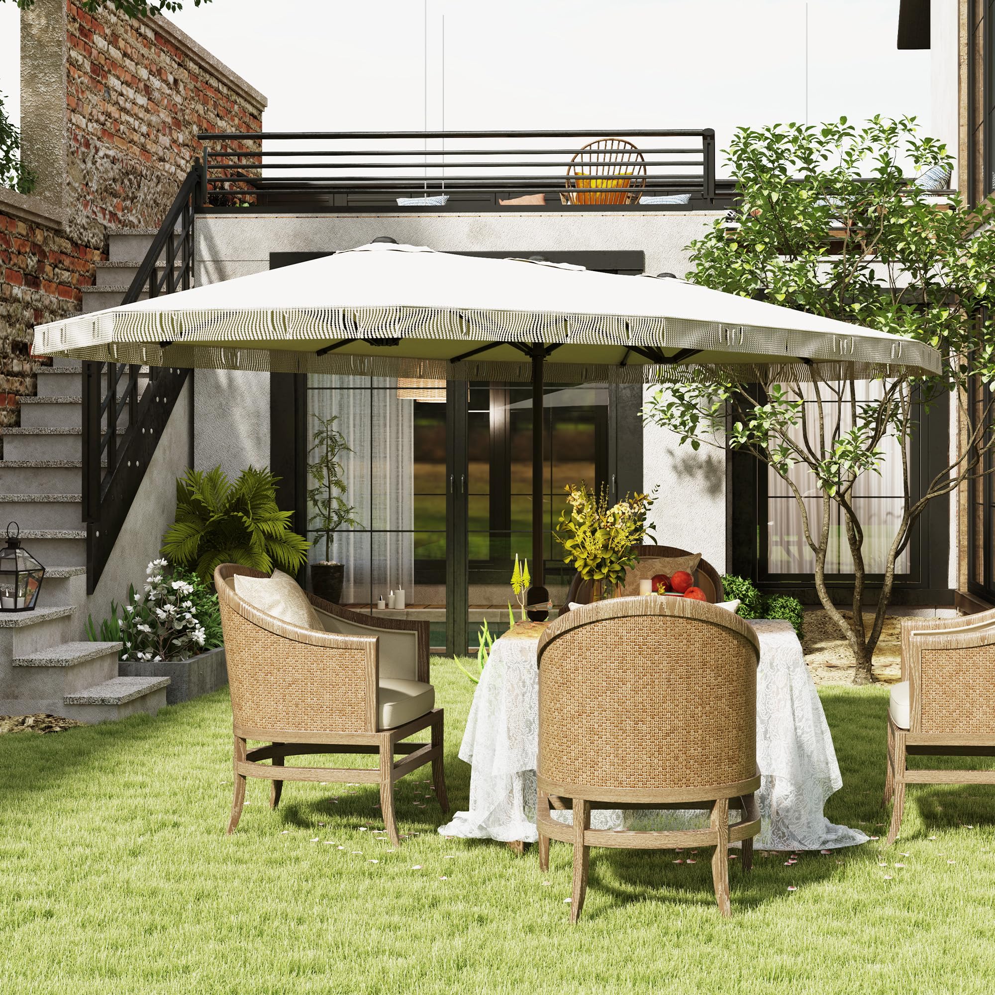 Outsunny Zewnętrzny parasol ogrodowy, podwójny prostokątny, 4,5 x 2,65 x 2,6 m z otworem korbowym i frędzlami, płótno 180 g/m², parasol na balkon, basen, taras, kremowy