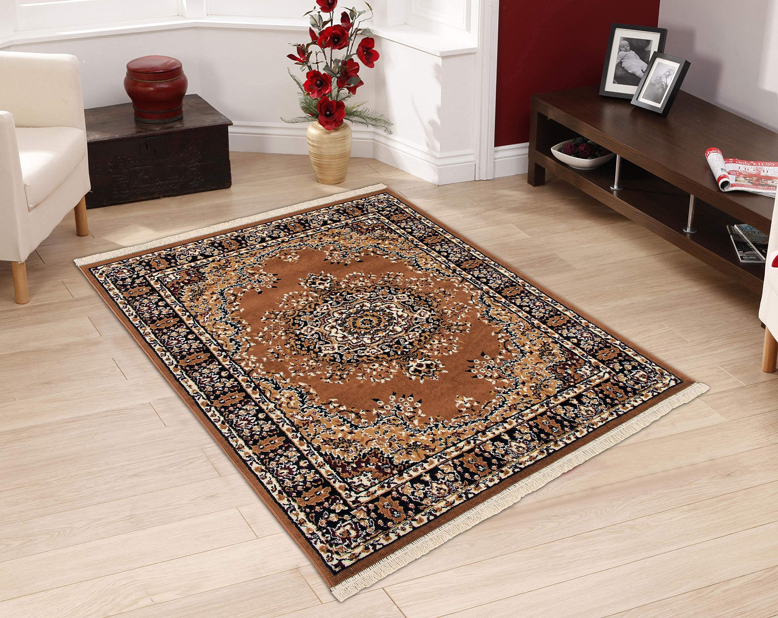 Carpet Galore Traditional Medallion Design Thick Pile Soft Touch Polypropylene, Polyester, Jute Carpet (150x200cm 5x7 Feet , Golden )