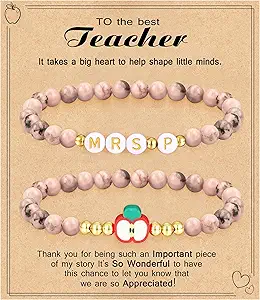 Teacher Appreciation Gifts for Women,Teacher Must Haves Initial Bracelet Mrs Miss End of Year Teacher Gifts Thank You for Helping Me Grow Music Math Science Teachers Bracelets Retirement 2 Set Jewelry
