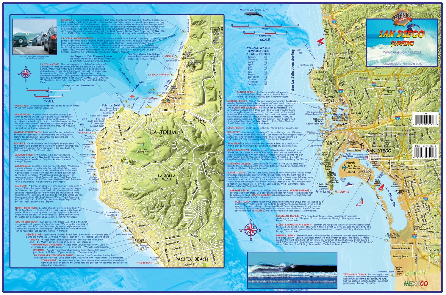 San Diego Surf Map Laminated Surfing Guide Poster by Franko Maps
