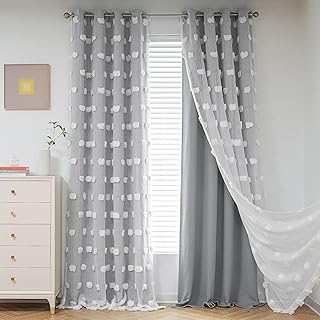 MYSKY HOME Living Room Curtains 84 Inchs Long Grey Curtains for Bedroom Blackout Curtains for Kids Room Grommet Room Darkening Pom Pom Curtains White Sheer Double Layer Drapes for Boys Room W52 X L84