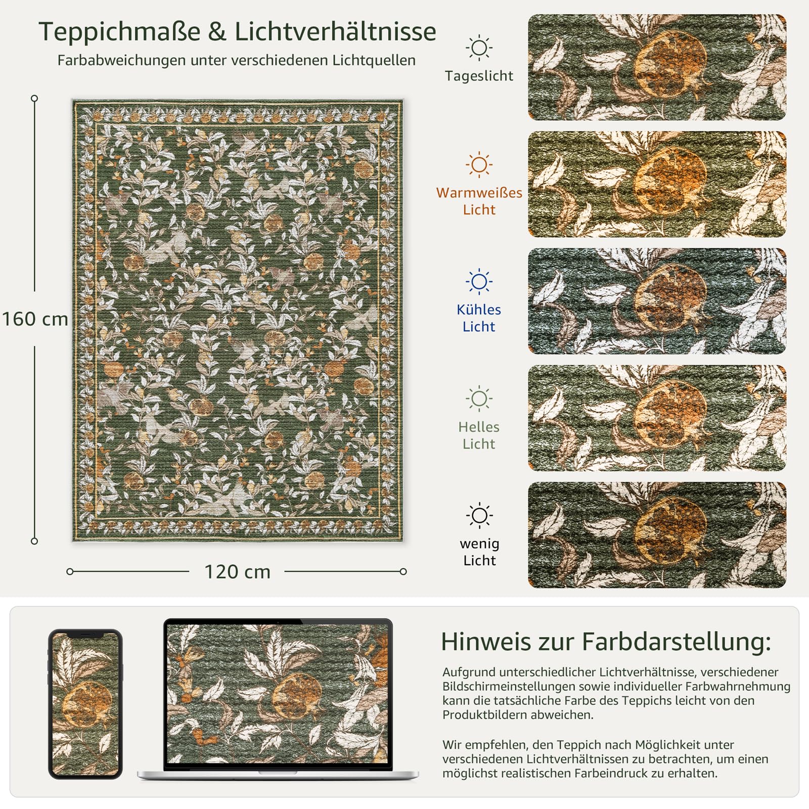 TOPICK Tapis de Chambre Moelleux à Poils Courts 120x160 Vert et Orangé | Antidérapant, Lavable en Machine, Fin, Pliable et Résistant, Facile à Entretenir, pour Salon et Chambre